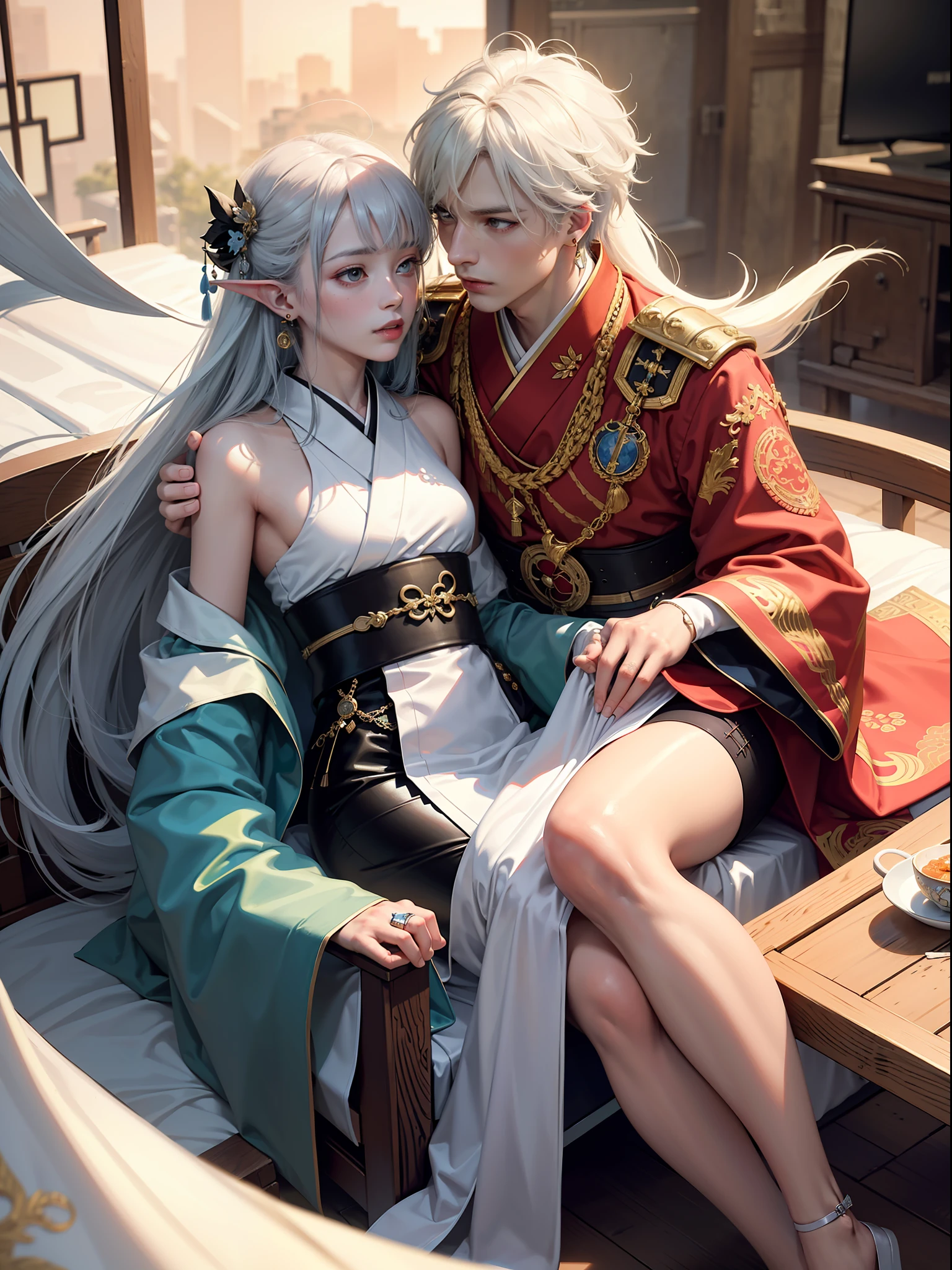 Concept Art, "1 Couple, Male Focus, Fin Ears, Multicolored Hair, Handsome Boy, Long White Hair, Tassels, Bangs, Carp, Colorful, Bold Colors, White Kimono, (Open) Kimono, Traditional Chinese Clothing, Close-up, Intimate Interaction on the Chaise Bed, Stud Earrings, Rings, Sweat, Illuminating People", Colorful, Master Composition with Focus on Key Figures, Realism, Masterpiece, Award-Award-Standing, Best Quality, Masterpiece, Ultra Detailed, 8K, Extremely detailed CG Unity 8k wallpaper, complex, Highly detailed, realistic