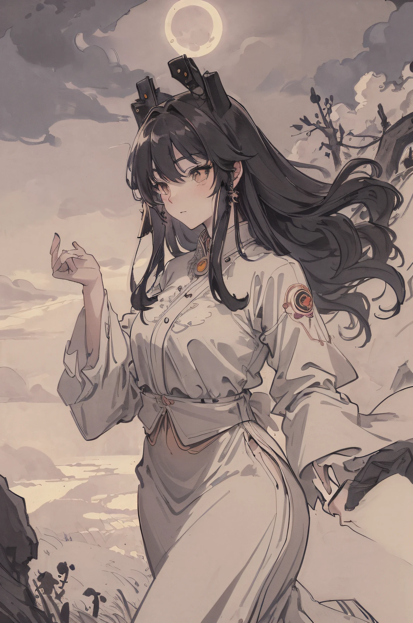 ((Masterpiece + Magnificent+Best Quality), Night, Hills, Clouds, Full Moon, Long Hair, (Beauty + Woman), Silhouette, Firefly, Aurora, Romance)