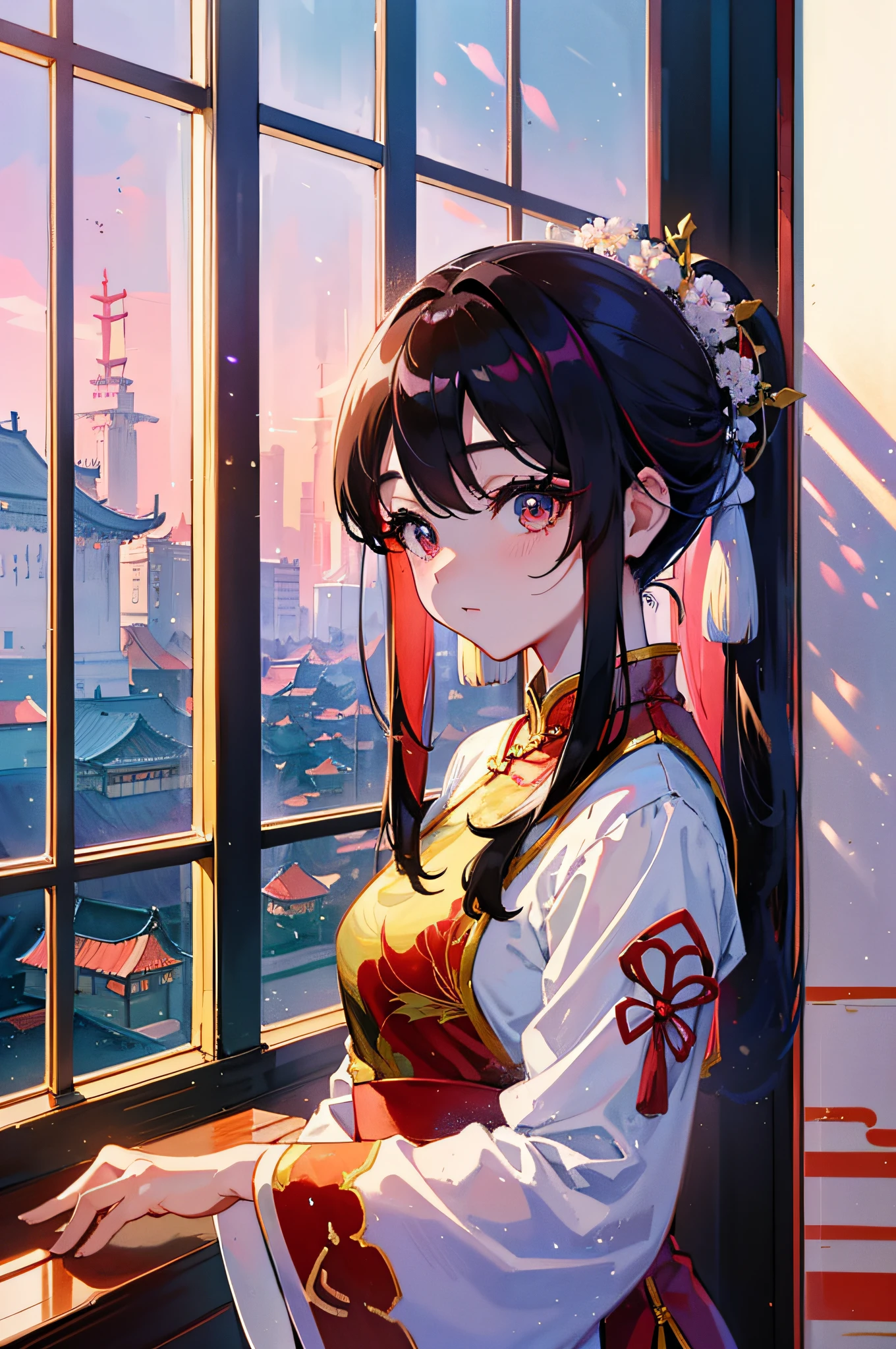 "Beautiful anime style, simple background, solid color background, a Chinese girl wearing a red cheongsam in the style of Guwiz, behind her is a delicate Chinese watercolor painting style, the picture of the palace is reflected outside the window, the whole picture is very detailed, more like a heirloom Chinese style Guwiz artwork, 4K resolution."