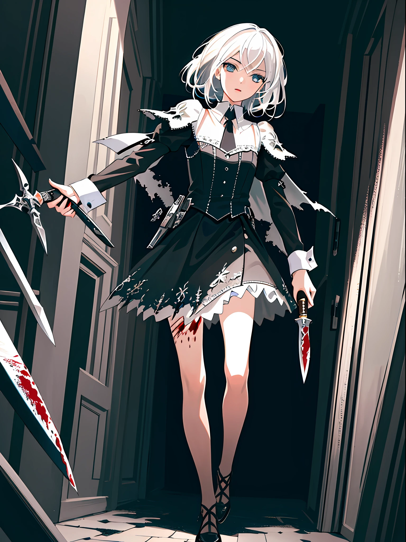 best quality, masterpiece, super high resolution, (reality:1.5), art, original photo, dynamic lighting, high resolution, sharp focus, depth of field,1girl, medium, masterpiece, best quality, super detailed, illustration, white hair, super detailed face, high quality face, super detailed hands, full body drawing, fighting, bleeding, tattered clothes, knife