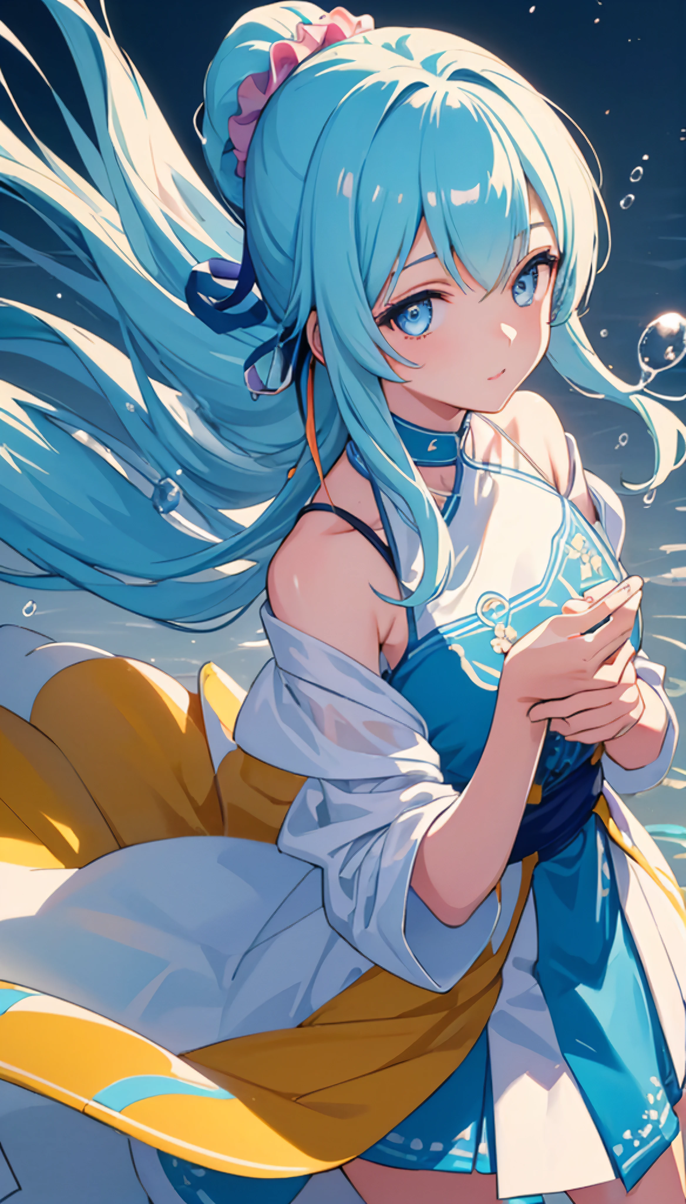 (masterpiece), (best quality), (ultra detailed),(disheed hair),(illustration), (1girl), (Fashionable clothing), standing, Fashion model, looking at viewer, (interview), (simple background), Beautiful detailed eyes, delicate beauty, floating, (high saturation), (colorful splash), colorful bubbles, (shine), focus on the face, ponytail, Ayaka Kamisato, light blue hair, bangs, scrunchies, floating flowers, flowing hair, (shiny), best lighting, best shadows, perfect hands