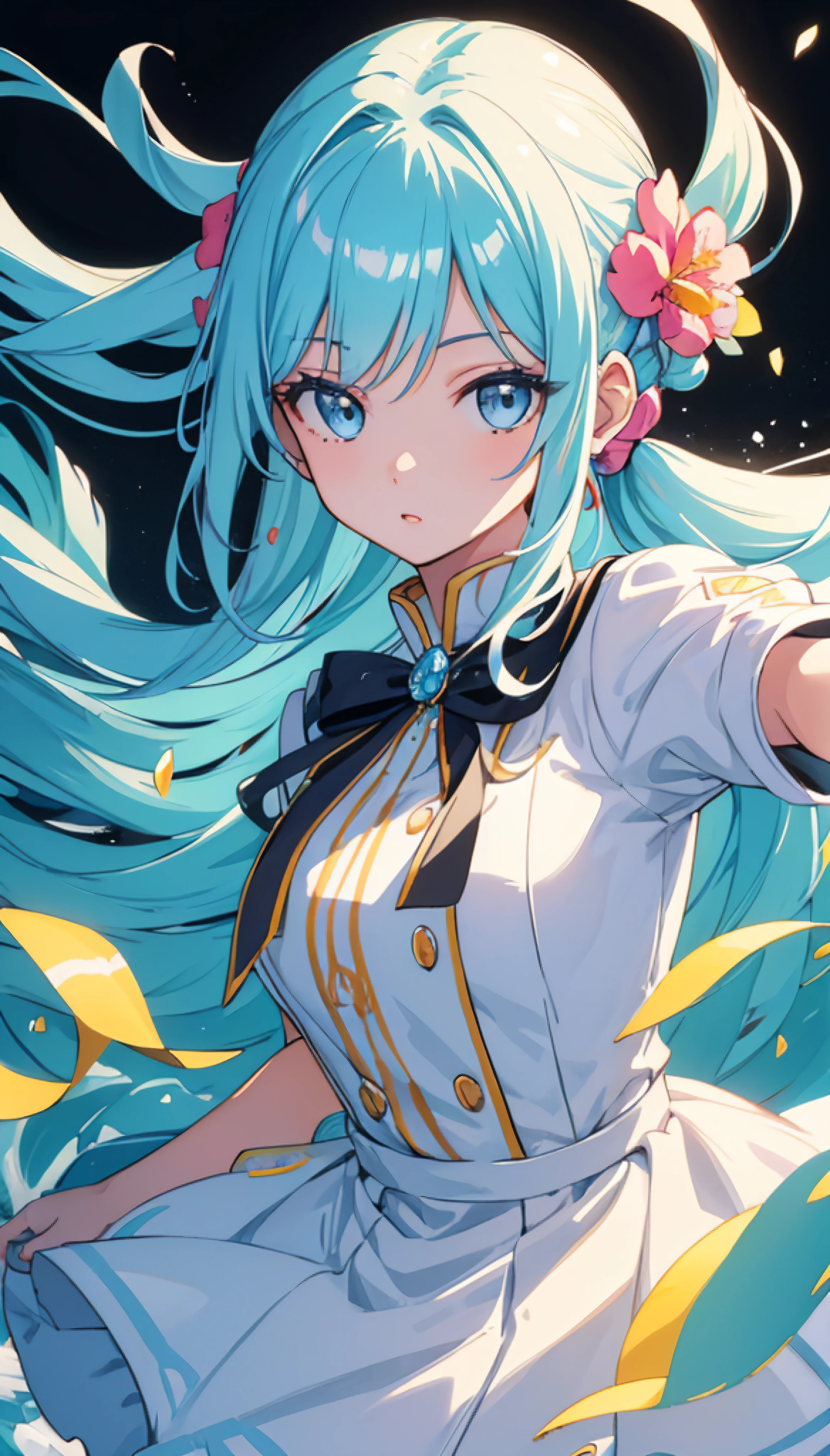 (masterpiece), (best quality), (ultra detailed),(disheed hair),(illustration), (1girl), (Fashionable clothing), standing, Fashion model, looking at viewer, (interview), (simple background), Beautiful detailed eyes, delicate beauty, floating, (high saturation), (colorful splash), colorful bubbles, (shine), focus on the face, ponytail, Ayaka Kamisato, light blue hair, bangs, scrunchies, floating flowers, flowing hair, (shiny), best lighting, best shadows, perfect hands
