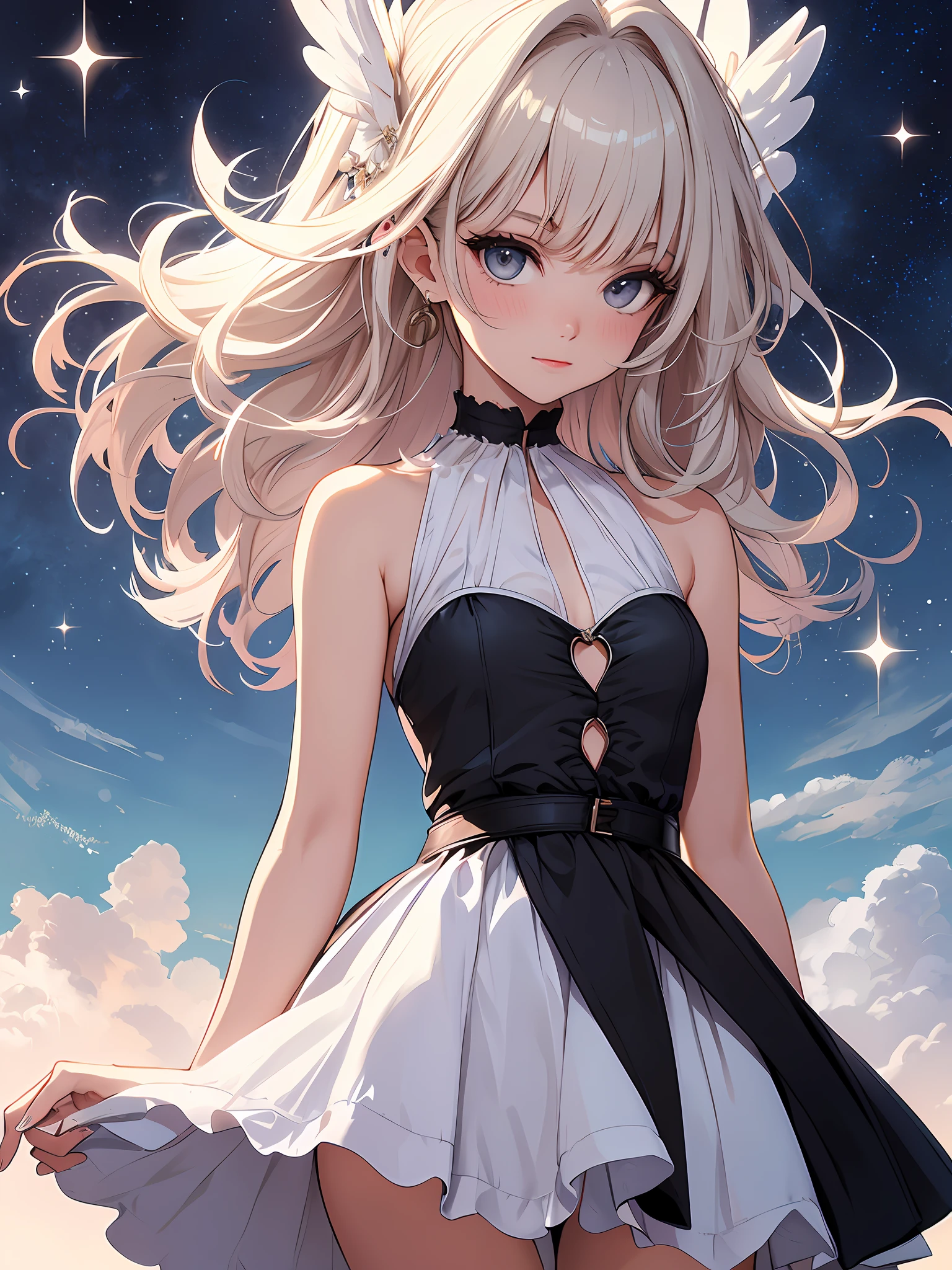 (Masterpiece, Top Quality, Best Quality, Official Art, Beautiful and Aesthetic: 1.2), (1 Girl: 1.3),Break,Solo ,Angelic Beautiful Girl,Break,Big Eyes,Beautiful Detailed Eyes,Brown Eyes,Long Lashes,Break,Blush,Break,High Saturation,Break,Starry Sky,Colorful,Sky,Break,Smile,Break,Bare Shoulders,Mini One Piece, simple, short, white, sheer, transparent, transparent, shiny, glowing, break,)