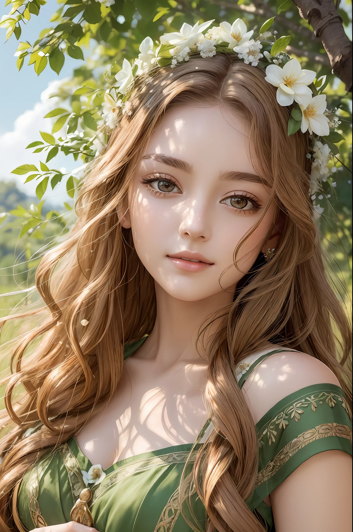 Absurd, ultra-detailed, high quality, masterpiece, detailed face, beautiful eyes, Demeter, the goddess of agriculture and fertility, possesses a beauty that reflects the nurturing essence of the Earth and the abundance of nature. Demeter’s eyes hold a gentle and compassionate gaze. Her eyes, often described as earthy and verdant. Her face carries the serene beauty of a tranquil meadow. It is characterized by soft, well-defined features. Her smile is gentle and inviting, reflecting the joy. Demeter’s hair, often depicted as waves of chestnut strands. It ca is often depicted as waves of chestnut strands. Adorned with flowers .