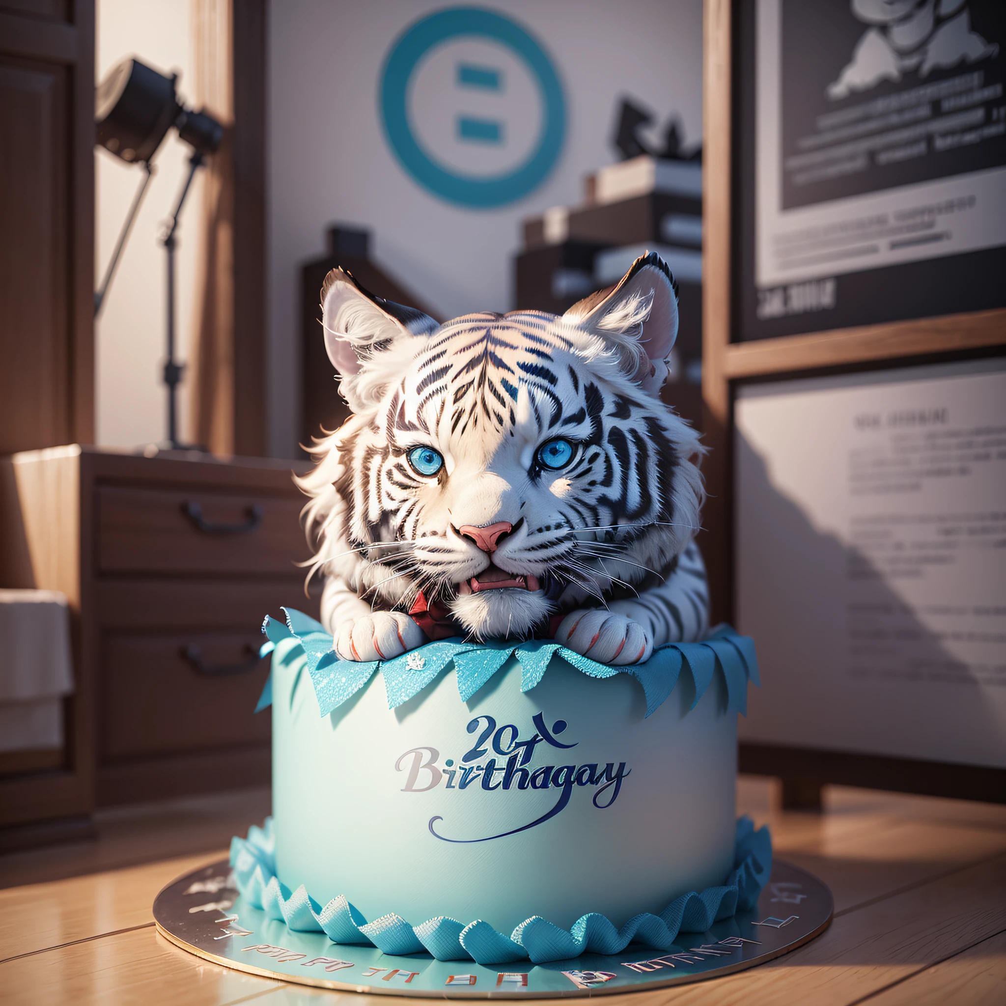 Generate a pair of birthday posters, there is a cute blue-eyed blue-collar little white tiger in the poster, cute detailed digital art, cute 3D rendering, ultra-realistic 3D illustration, ultra-realistic rendering, cute digital art, 4K highly detailed digital art, 3D rendering stylized, stylized 3D rendering, gorgeous 3D rendering, stylized to 3D rendering, festive background color, poster content for the first birthday gift, Xu Qianyue Festive background color Change background to holiday background color Ultra HD, masterpiece, high detail, best quality , Cake literature revised to Happy First Birthday --auto --s2