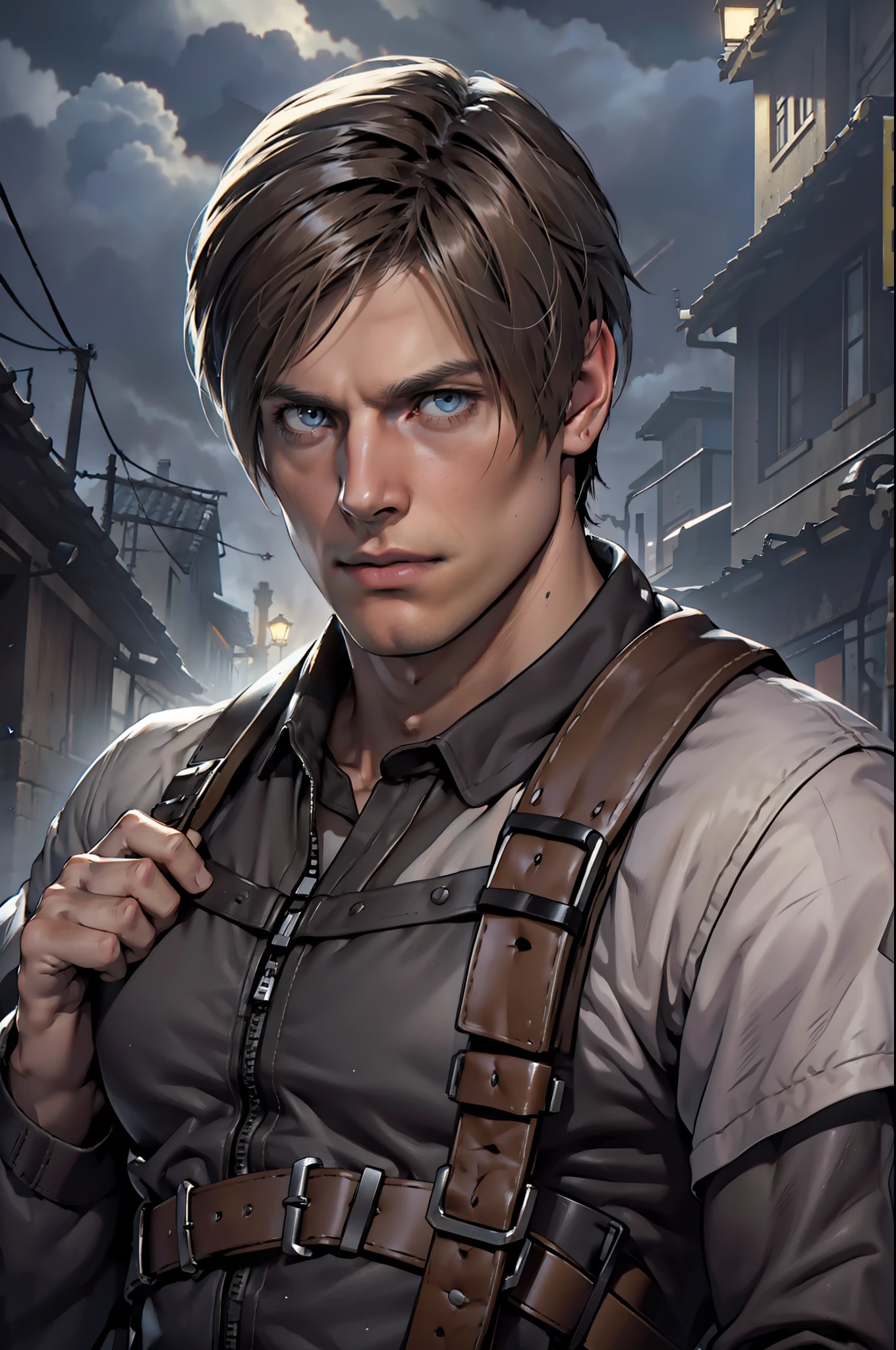 1 man, flat style, illustration, young man, 27 year old, Leon S. Kennedy from Resident evil 4, face of Eudard Badaluta, solo, white skin, muscular, lean muscle man, tall, hunk, wide shoulder, clean-shaven, dark brown hair, curtain hairstyle, dark brown cold long sleeve leather jacket with white fur on the neck, black color T shirt inside, black pant, holding a pistol on right hand, viewer looking, high resolution:1.2, best quality, upper body shot, close up shot, cloudy sky and old Spanish village background, nightime, low camera angle, volumetric lighting, depth of field, shadow