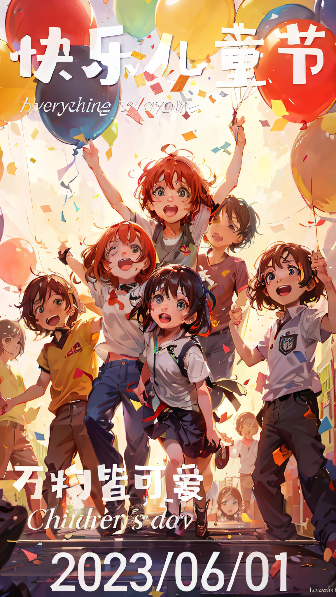 anime poster of a group of children with balloons and confetti, anime cover, official anime artwork, official artwork, official fanart, kawacy, guweiz on pixiv artstation, high detailed official artwork, cute art style, digital anime illustration, artwork in the style of guweiz, anime key visual concept, guweiz