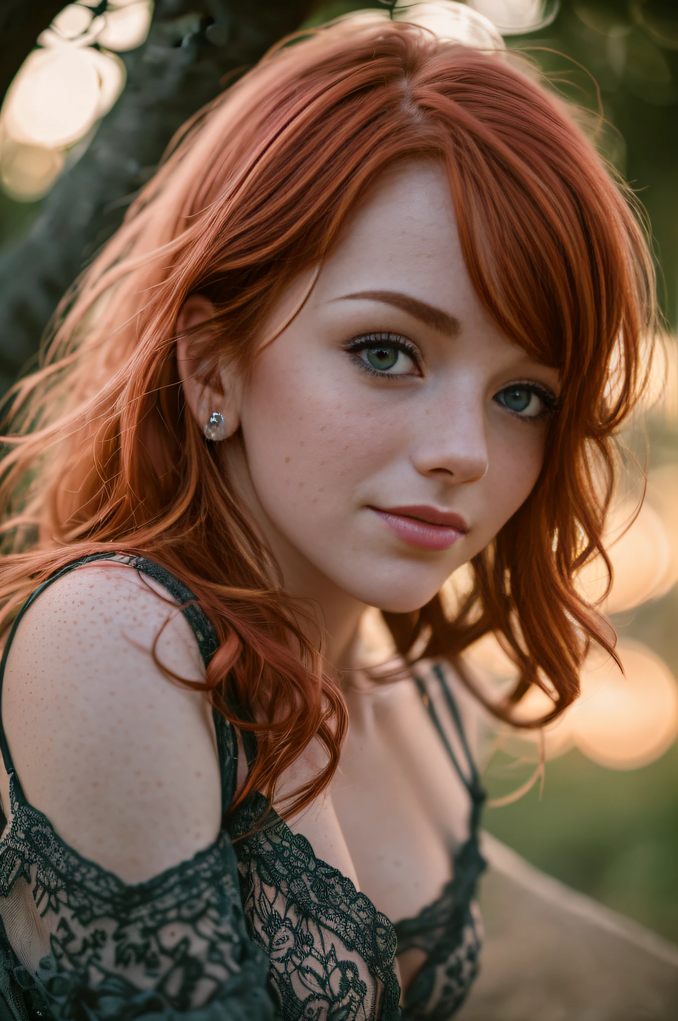 (8k, RAW photo, highest quality) depth of field, bokeh, 8K, HDR, cinematic rendering, a portrait of a 36-year-old redhead, framing from the navel, some small freckles, dressed in a ragged nightie, straps dropped, peeled off, leaning against a tree in the wilderness, goosebumps, cinematic, faded colors, dark shot,  muted colors, grainy film, read, crazy details, intricate details, hyperdetailed, sunset, shyness, seduction, romance, looks at the camera lens lovingly, no visible hand