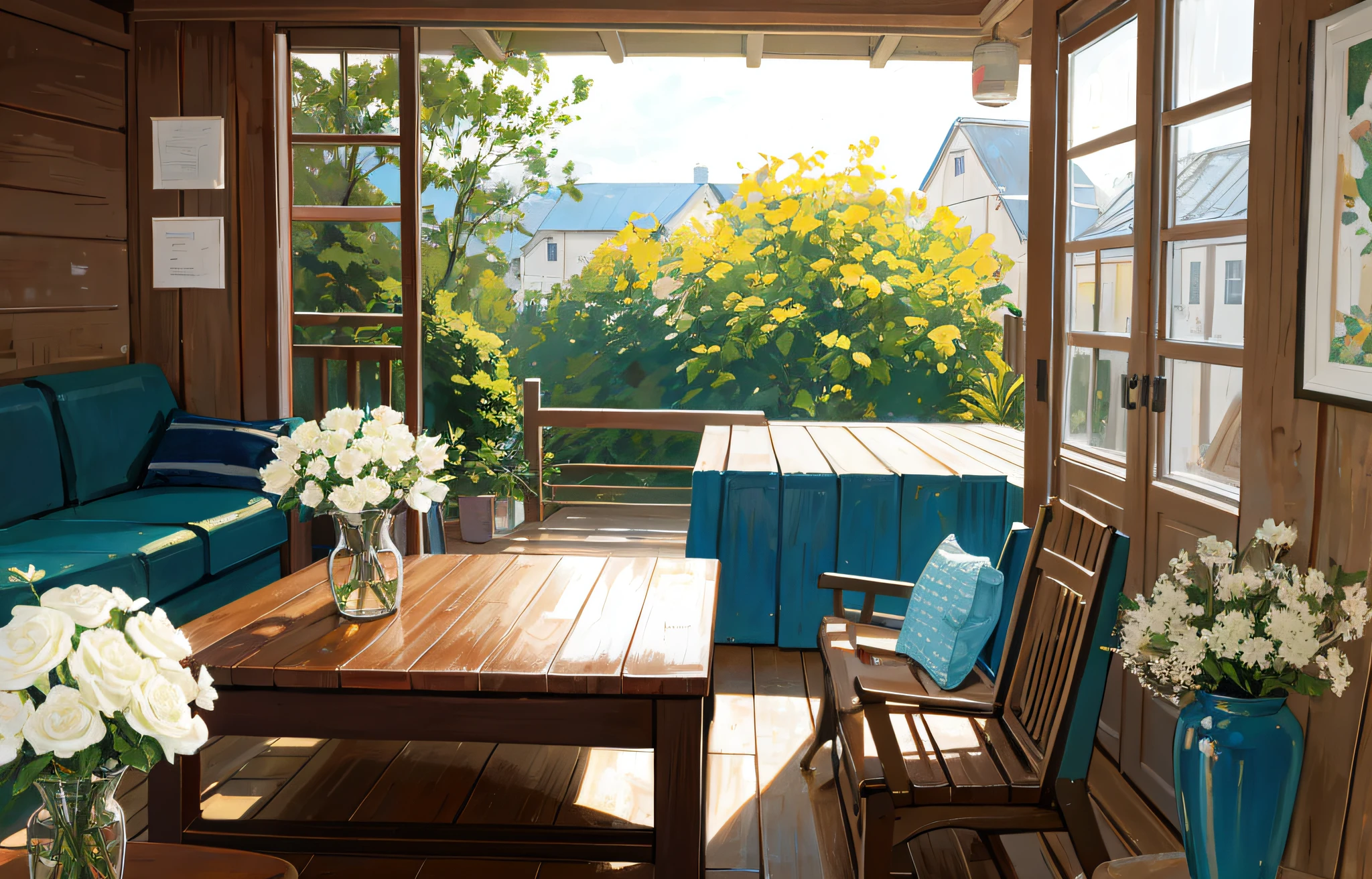 On the wooden table top there is a white vase with several flowers
