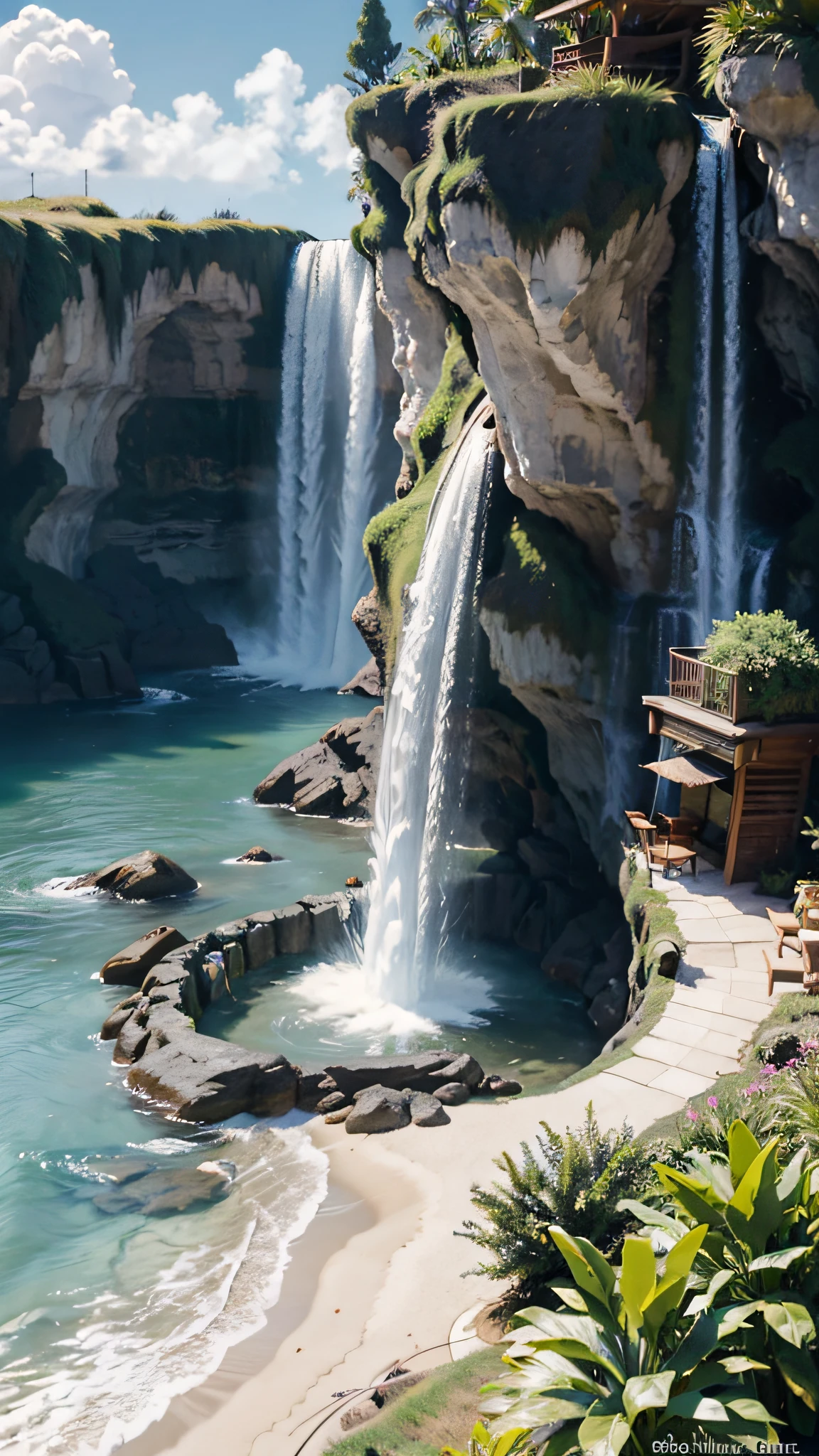 A beachside waterfall paradise civilization. Digital art