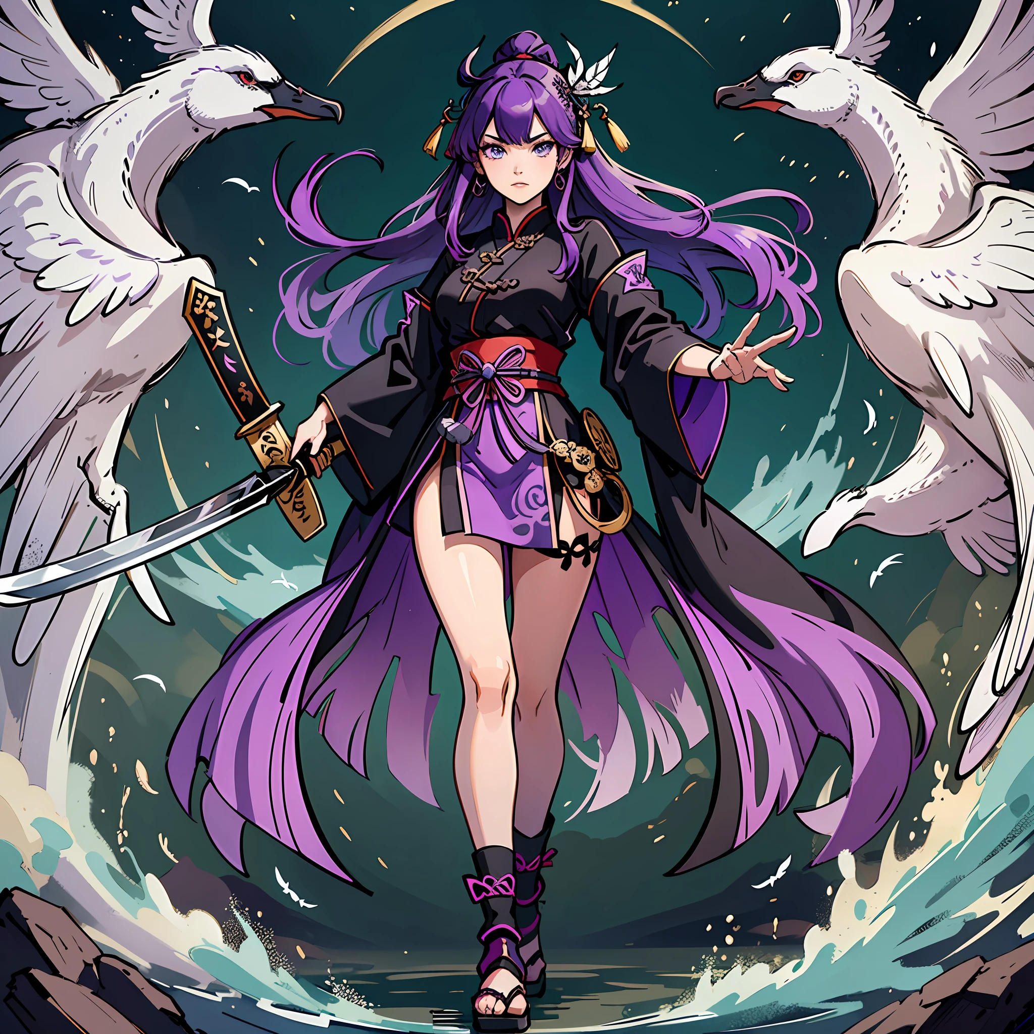 Ink style, high image quality, full-body portrait, tomorrow's ark, purple-haired girl in a Taoist robe holding a long sword, hair should have a feather element, there is a line of wild geese flying in the sky behind her, the clothes are black and white, and the long sword is a Chinese bronze sword style