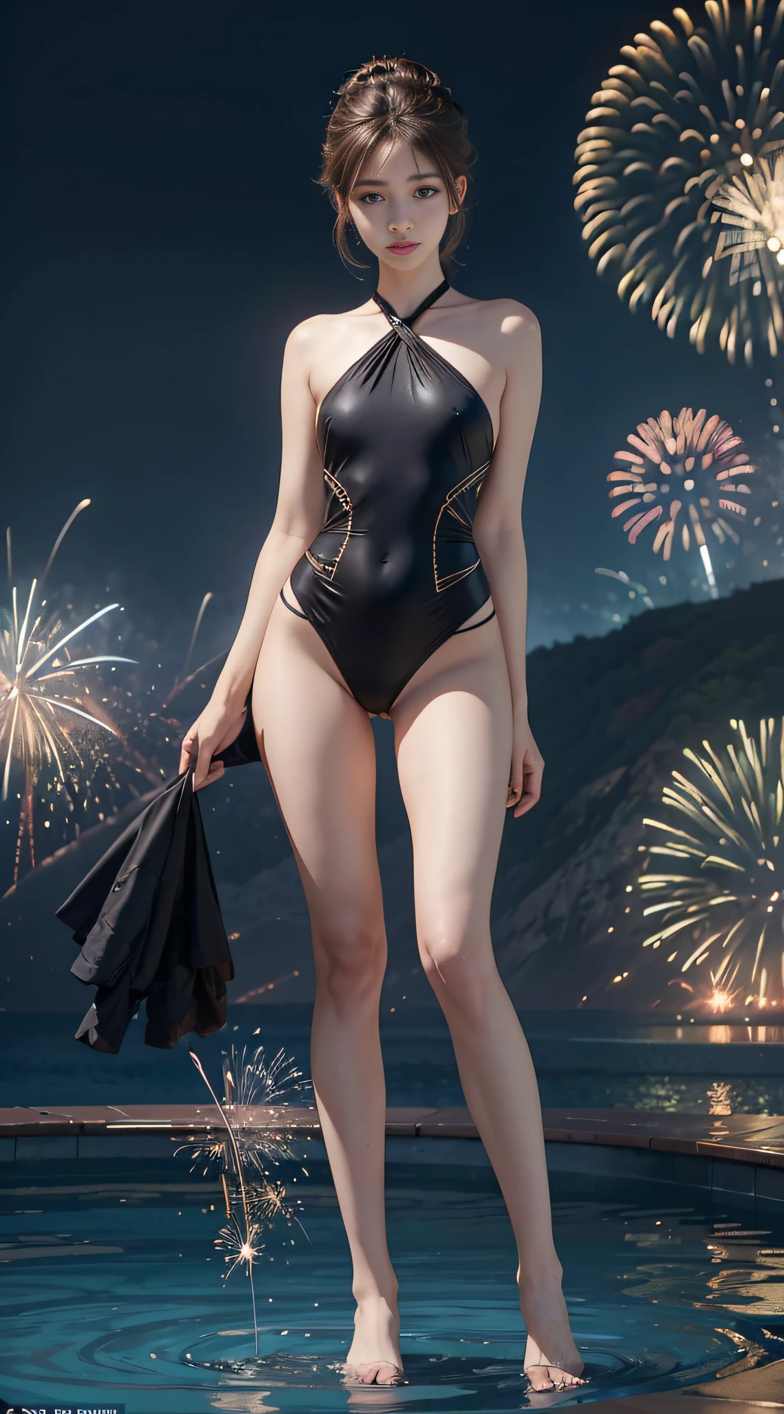(pre-focus), (Darkness: 1.6), Cinema Lighting, Hyperreality by David Hockney and Alphonse Mucha, Women of Mu, Photoreal, Pale Skin, Dynamic Lighting, Art Station, Posters, Dark Lighting, ((Highly Detailed Face)), Eye Detail, 8K, One Girl, Cool Beautiful Face, High Nose, Tear Bags, Ghibli Girl Face, slender, (big: 1.5), shoulders narrow, long legs, waist wide size, sexy style, waist constriction, ((small triangular face)), natural makeup, beautiful makeup, narrow eyes, pool, night, (((fireworks)), enamel swimsuit, full body shot, (formal wear: 1.4), hair details, hair is up, brown hair, background bokeh, (super low angle), Frontal shot, small smile, standing shoulder-width apart with legs, various poses, arms crossed under chest, ((positive face)), face does not collapse