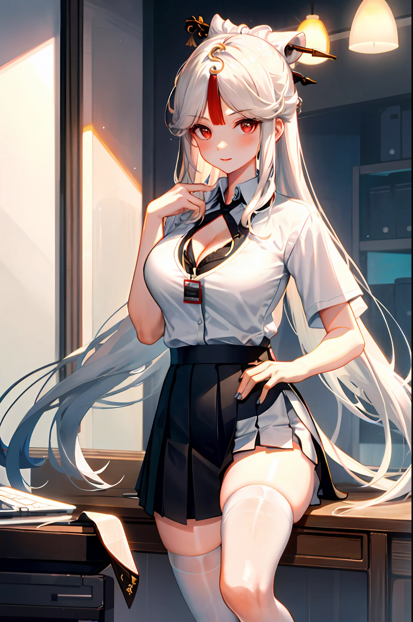 Ningguang, 1girl, solo, ((white shirt)), black thighhighs, , cleavagrm, office background, black skirt, pleated skirt, office, hair between eyes, hair ornament, large breasts, long hoking at viewer, silver hair, silver short nails, red eyes, solo, thighhighs, thighs, very long hair, ((masterpiece)), sitting, chair, desk, computer on desk, name tag, id tag, indoor, blush, sexy pose,