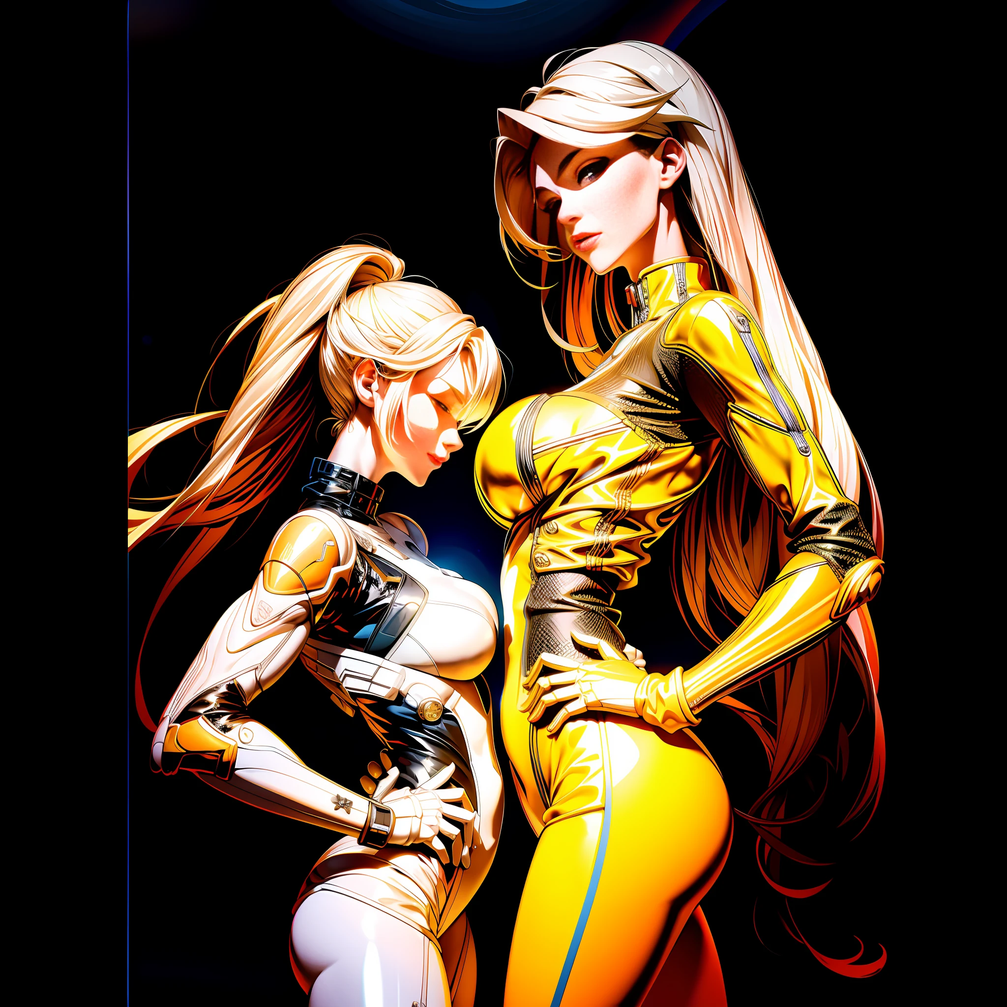 They are two women posing in futuristic costumes, one with short white hair with wheat-colored skin, the other with long white hair with white skin, they both have a seductive face and full buttocks 36D big breasts, they are both wearing tights that cover only half of their small breasts and the bottom, they have sexually suggestive poses and seductive expressions, and their bodies are tattooed full of sexual innuendo, and they hug each other.