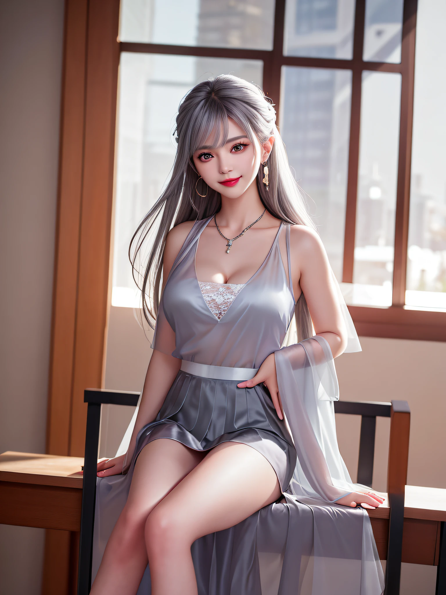 ((Female Teacher Sitting on Classroom Chair and Opening Legs v6)), Necklace, Earrings, Full Body V6, (((Long Gray Hair)), ((Translucent Silk Black Mini Dress, Skirt)), Cleavage Emphasis, Sleeveless, Short, ((White Underwear Visible)), Superb, Ultra High Definition, RAW Photography, Realism 1.25), (Bright Lip Gloss, Long Eyelashes, Smooth) Face, Bright Skin, Natural Shadows, Wide light, wide light, depth of field, strong colors, subtle caustics: 0.8), smile, (big), v6 contempt and arrogant and elegant, there are windows showing different buildings in the city,