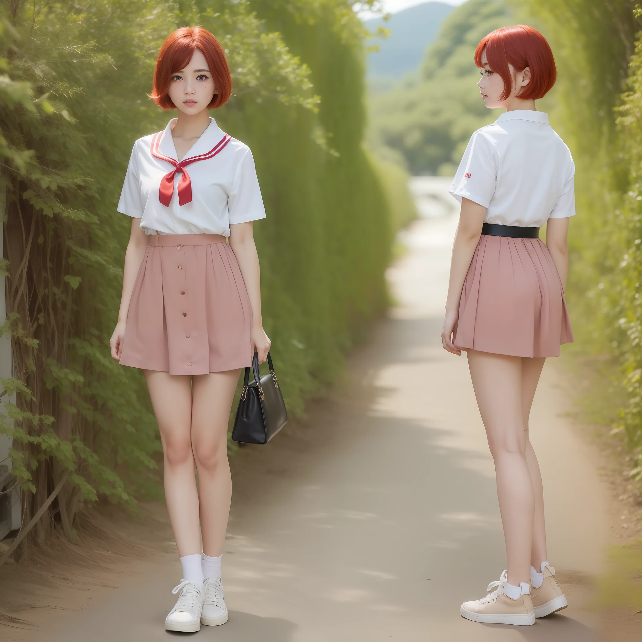 1 Beautiful Girl, Best Quality (8K), Face ((Japan persons) (Freckles) (Adult) (Highest quality quality) (8K))), Perfect body line (8 heads), Full body appearance (standing), Natural perm of red hair , Short bob hair, Big, High school girl sailor suit, 18 years old