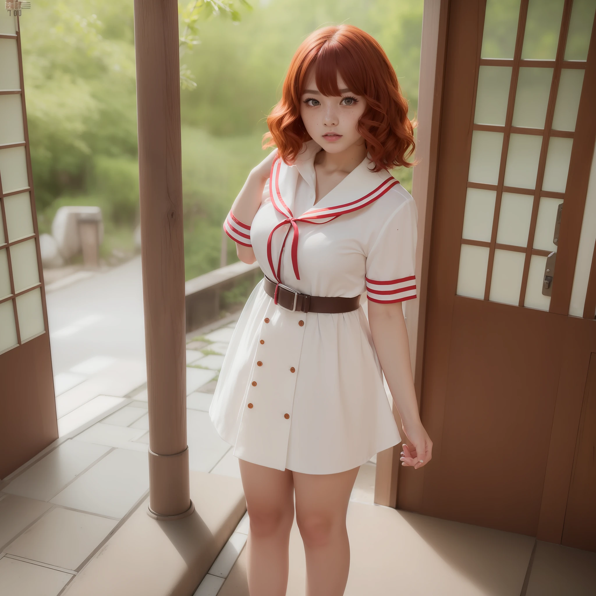 1 Beautiful Girl, Best Quality (8K), Face ((Japan persons) (Freckles) (Adult) (Highest quality quality) (8K))), Perfect body line (8 heads), Full body appearance (standing), Natural perm of red hair , Short bob hair, Big, High school girl sailor suit, 18 years old