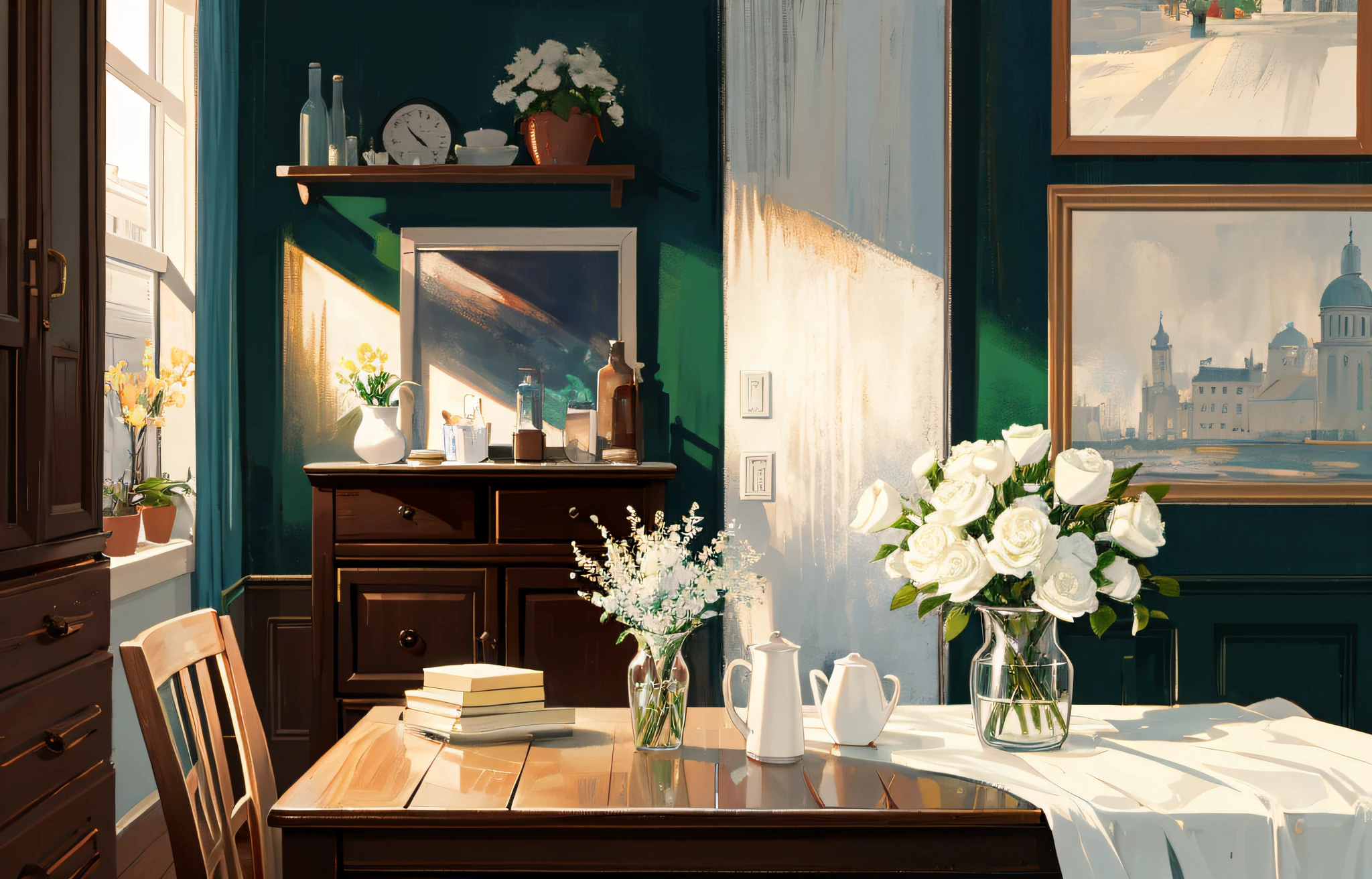 On the wooden table top there is a white vase with several flowers