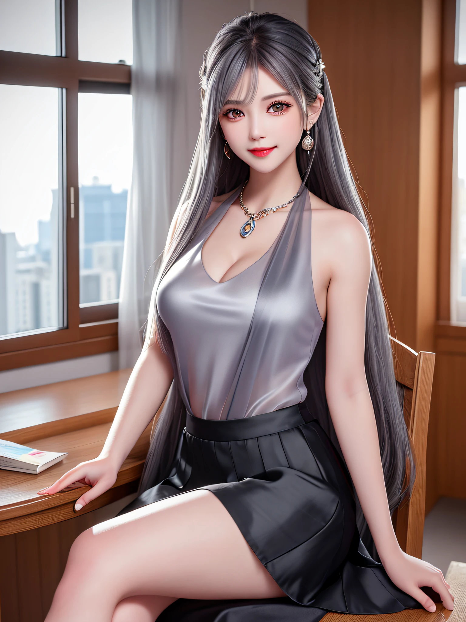 ((Female teacher sitting on a classroom chair and crossing her legs v6)), necklace, earrings, full body v6, (((long gray hair)), ((translucent silk black mini dress, skirt)), cleavage emphasis, sleeveless, short, looking, superb, ultra high definition, RAW photography, realism 1.25), (bright lip gloss, long eyelashes, smooth) face, bright skin, natural shadows, wide light, wide light, depth of field, strong colors, subtle caustics: 0.8), smile, (big), v6 contempt and arrogant and elegant, there are windows showing different buildings in the city,