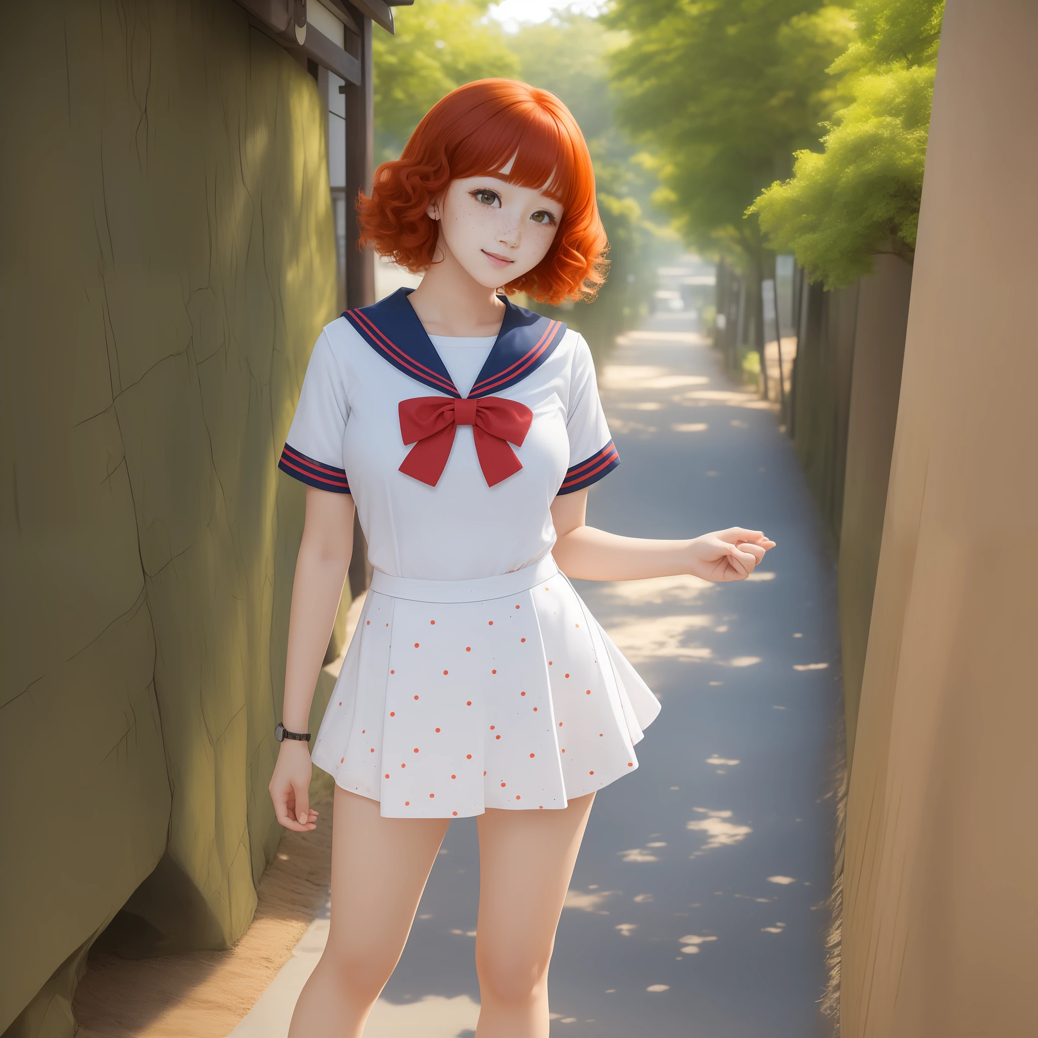 1 Beautiful Girl, Best Quality (8K), Face ((Japan persons) (Freckles) (Adult) (Highest quality quality) (8K))), Perfect body line (8 heads), Full body appearance (standing), Natural perm of red hair , Short bob hair, Big, High school girl sailor suit, 18 years old