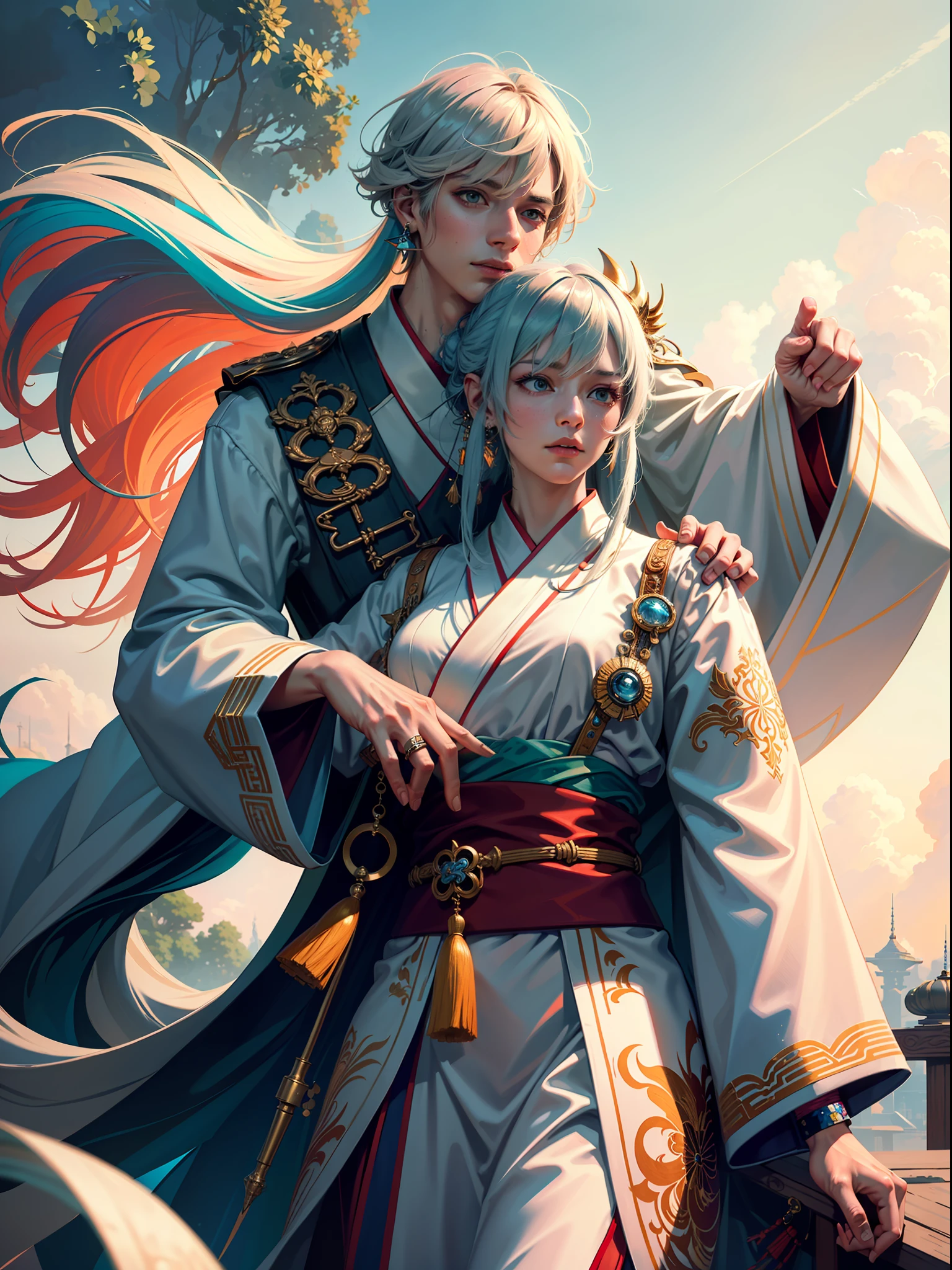 Concept Art, "1 Couple, Male Focus, Fin Ears, Multicolored Hair, Handsome Boy, Long White Hair, Tassels, Bangs, Carp, Colorful, Bold Colors, White Kimono, (Open) Kimono, Traditional Chinese Clothing, Close-up, Intimate Interaction in Bed, Stud Earrings, Rings, Sweat, Illuminate People", Colorful, Master Composition, Focus on Key Figures, Realism, Masterpiece, Award-Standing, Best Quality, Masterpiece, Ultra Detailed, 8K, Extremely Detailed CG Unity 8k wallpaper, complex, highly detailedrealistic