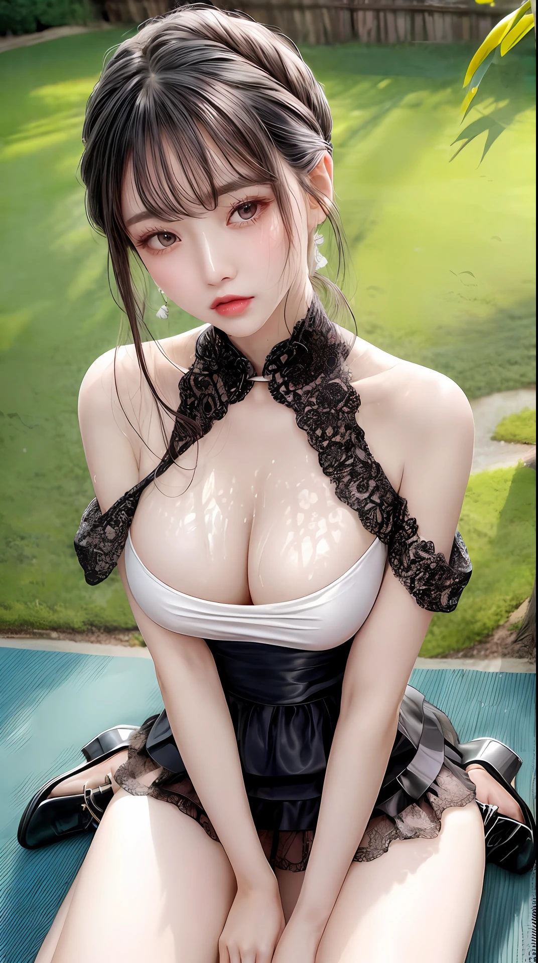 Fashion trendy beautiful and charming woman, gentle and charming Chinese beautiful woman, Korean(kpop-idol), delicate and sexy collarbone, charming oval face, double eyelids, smart [peach]blossom eyes, pink lips, small nose, bare shoulders, focus on the face, close-up of the face, Ultra-high-definition, super-detailed, the ((loose)), white off-the-shoulder shirt perfectly echoes the light blue high slit miniskirt, (chest cutout). ((black)lace panties), fresh and impressive, Natural(big breasts:1.25), (kneeling to sitting on the ground), (open your legs wide), ((spread legs)), from below angle, (glossy skin, sweaty:1.4), low angle, Perfect figure, (nsfw:1.2)