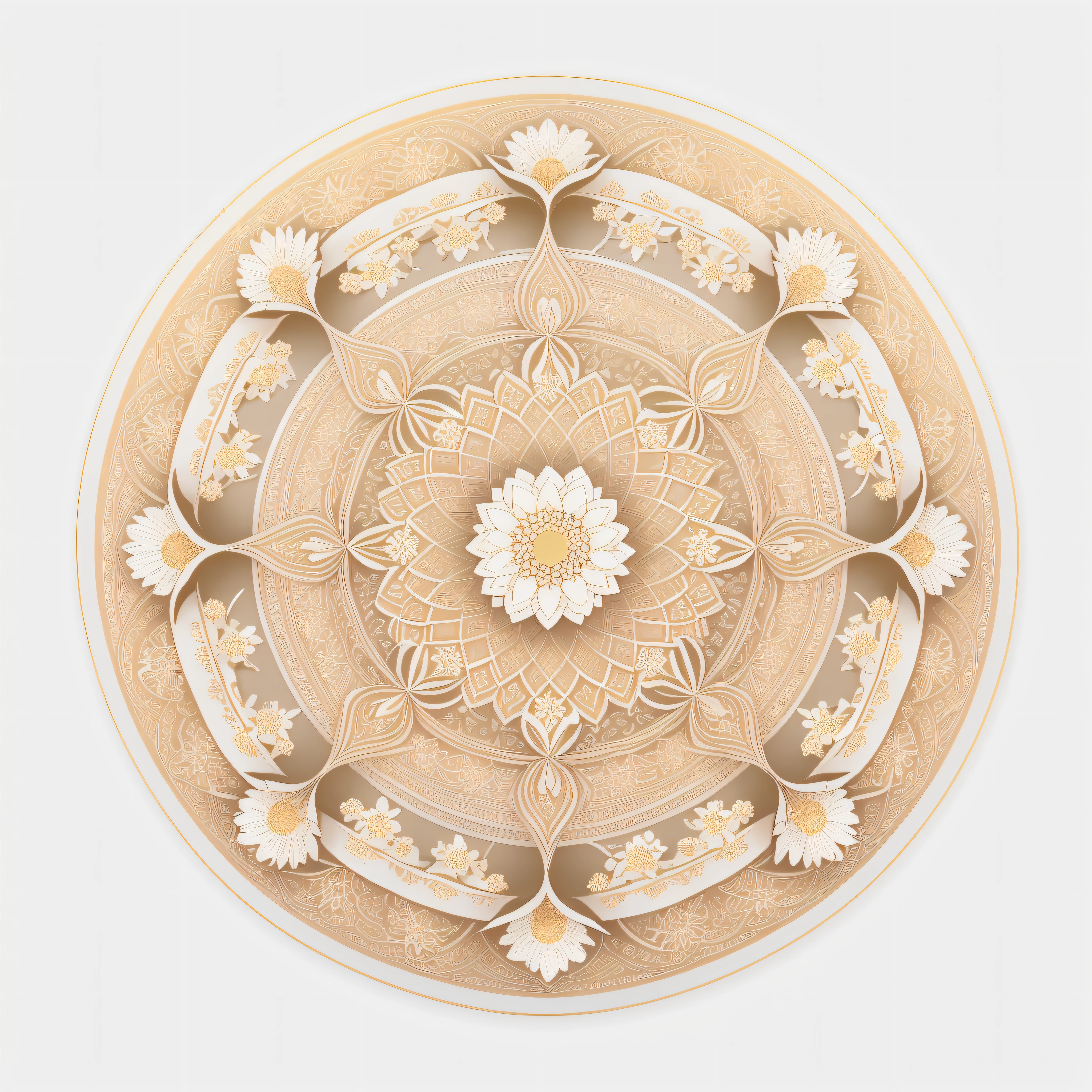 Illustration of mandala with flowers White lily, white daisy, center elements metal staff, 8k, brightness, nature, image light tones, white, full picture without cuts