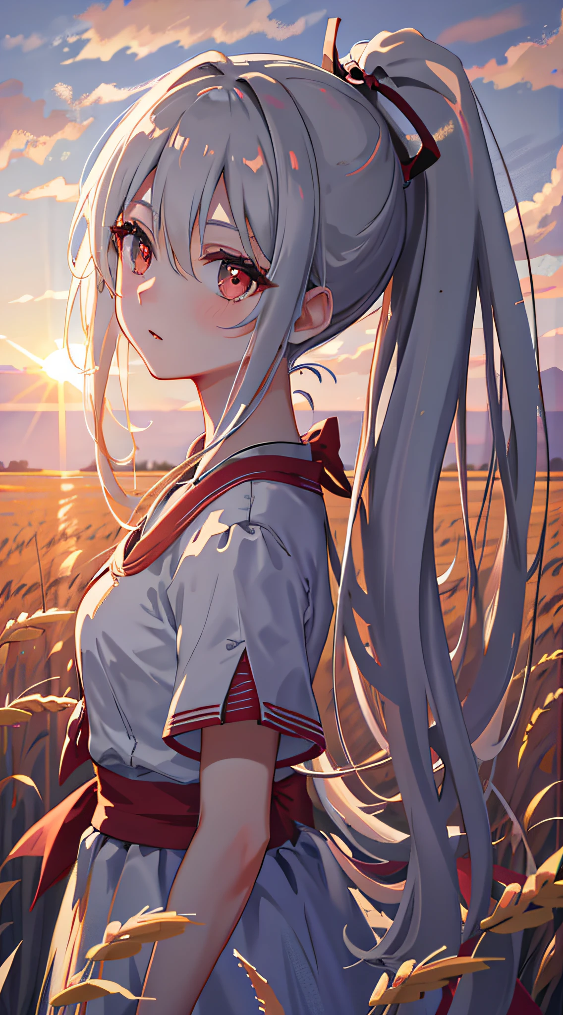 Masterpiece, Superb Anime Style, Girly, Super Delicate Face, Super High Resolution, Delicate Face, Delicate Eyes, Eye Details, Face Details, Finger Details, Stunning Face, 1girl, Portrait, Silver Hair, High Ponytail, Ponytail, Red Eye, Samurai, Wheat Landscape, Wheat Field, Sunset, Sun, Clouds, (Neutral Color), (HDR:1.4), Simple Background, Background Blur, Stunning Lighting, C4D, OC Rendering, Movie Edge Light, Fine Light,