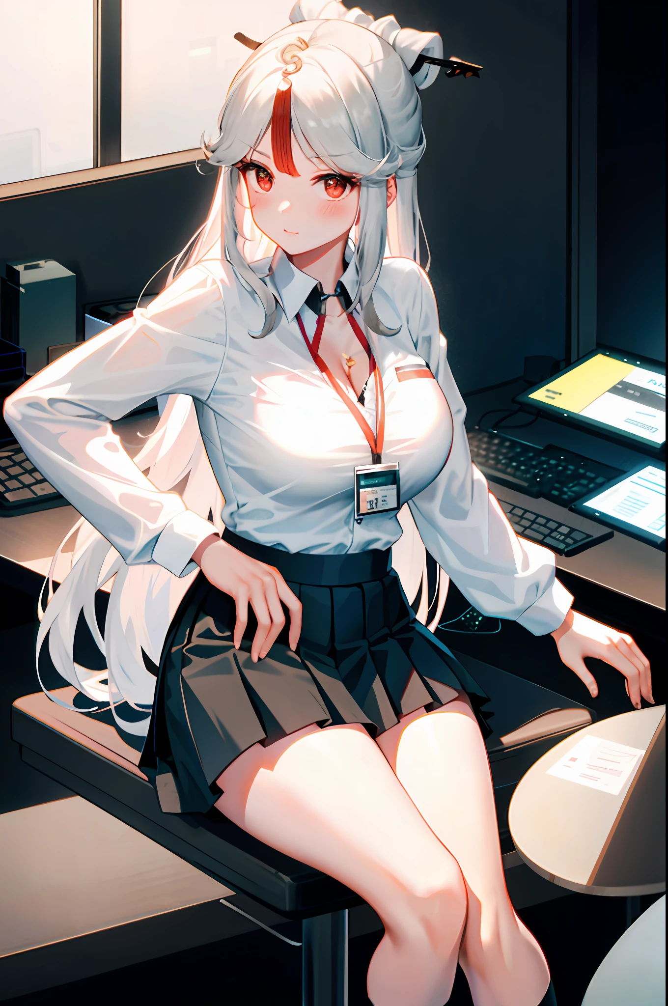 Ningguang, 1girl, solo, ((white shirt)), black thighhighs, breasts, cleavage, uniform, office background, black skirt, pleated skirt, office, hair between eyes, hair ornament, large breasts, long hair, looking at viewer, silver hair, silver short nails, red eyes, solo, thighhighs, thighs, very long hair, ((masterpiece)), sitting, chair, desk, computer on desk, name tag, id tag, indoor, blush, sexy pose,