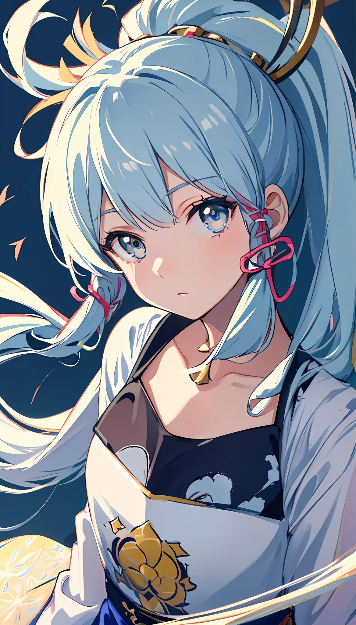(masterpiece), (best quality), (ultra detailed),(disheveled hair),(illustration), (1girl), (Fashionable clothing), standing, Fashion model, looking at viewer, (interview), (simple background),beautiful detailed eyes, delicate beautiful face, Floating,(high saturation),(colorful splashes),colorful bubble,(shining), focus on face, ponytail, kamisato ayaka, light blue hair, bangs, hair ring, floating flowers, floating hairs, (shining), best lighting, best shadow,
