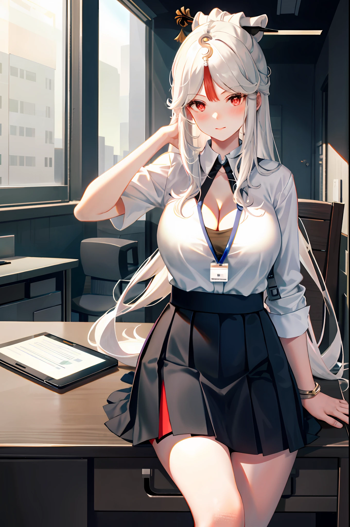 Ningguang, 1girl, solo, ((white shirt)), black thighhighs, breasts, cleavage, uniform, office background, black skirt, pleated skirt, office, hair between eyes, hair ornament, large breasts, long hair, looking at viewer, silver hair, silver short nails, red eyes, solo, thighhighs, thighs, very long hair, ((masterpiece)), sitting, chair, desk, computer on desk, name tag, id tag, indoor, blush, sexy pose,