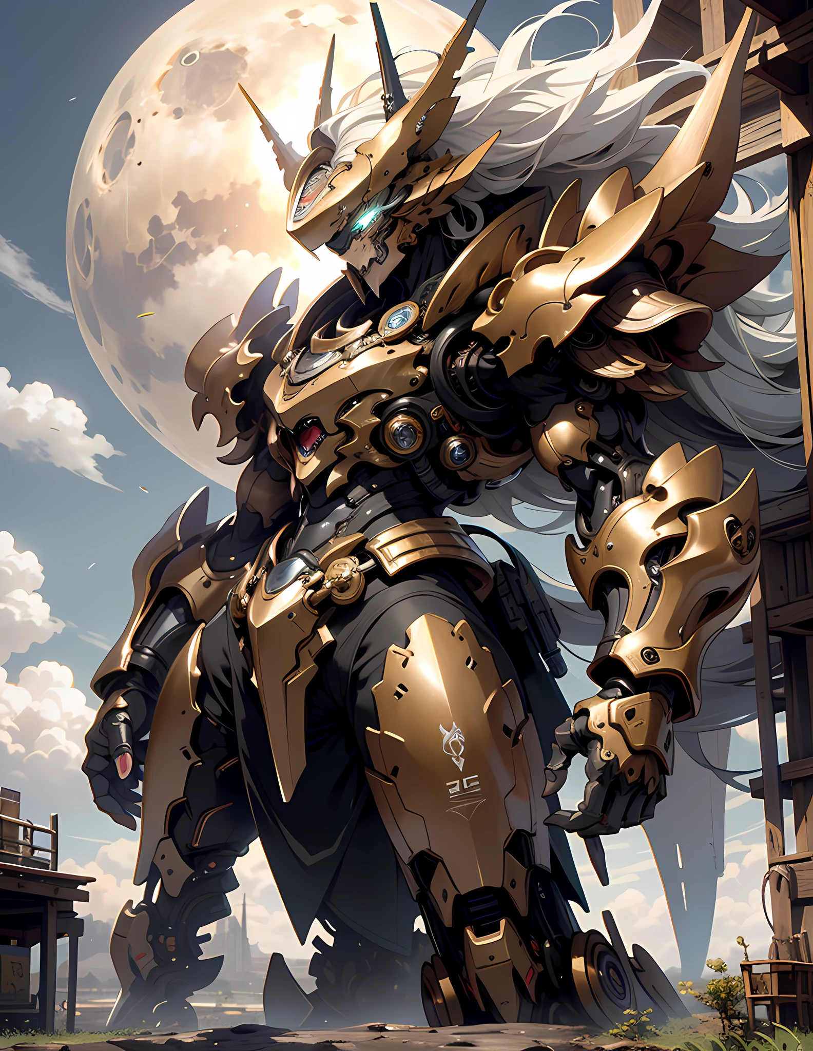 ((Best Quality)), ((Masterpiece)), (detailed), Giant Mech, Spread Arms, Perched on Clouds, (Fantasy Illustration: 1.3), Enchanting Eyes, Otherworldly Charm, Mysterious Sky, (Luis Royo: 1.2), (Yoshitaka Amano: 1.1), Moonlit Night, Pastel Colors, (Detailed Cloud View: 1.3), (High Resolution: 1.2), 8K