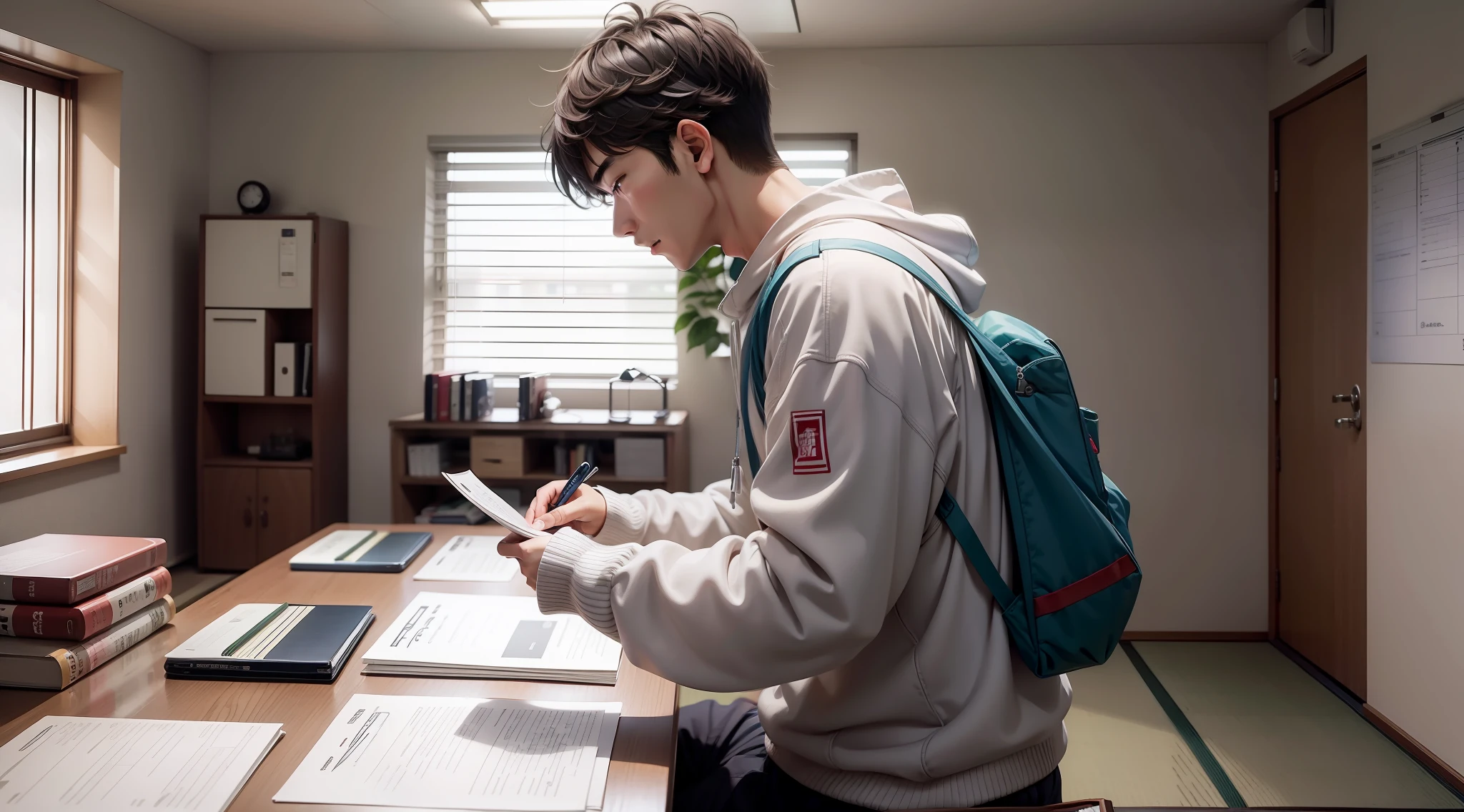 Japan male college students in plain clothes in a room flipping through a list.