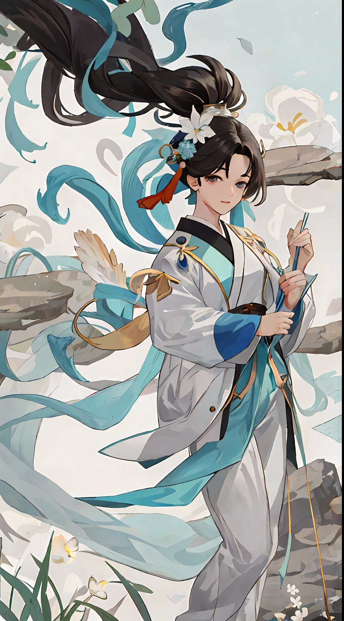 1 male, ancient immortal, light blue hanfu robe, adult, young, dashing, handsome, fairy, long hair, black hair, black eyes, full body, ancient Chinese era, spring, jungle, lake, cave, waterfall, tree, meadow, rock, deer, hot spring, water vapor, (illustration: 1.0), epic composition, realistic lighting, HD details, masterpiece, best quality, (very detailed CG unified 8k wallpaper)