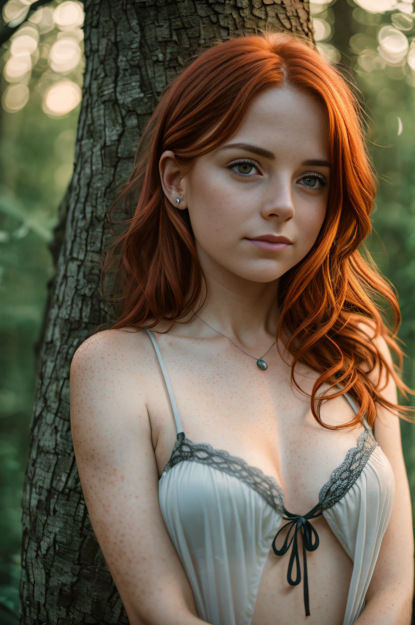 (8k, RAW photo, highest quality) depth of field, bokeh, 8K, HDR, cinematic rendering, a portrait of a 36-year-old redhead, framing from the navel, some small freckles, dressed in a ragged nightie, straps dropped, peeled off, leaning against a tree in the wilderness, goosebumps, cinematic, faded colors, dark shot,  muted colors, grainy film, read, crazy details, intricate details, hyperdetailed, sunset, shyness, seduction, romance, looks at the camera lens lovingly, no visible hand