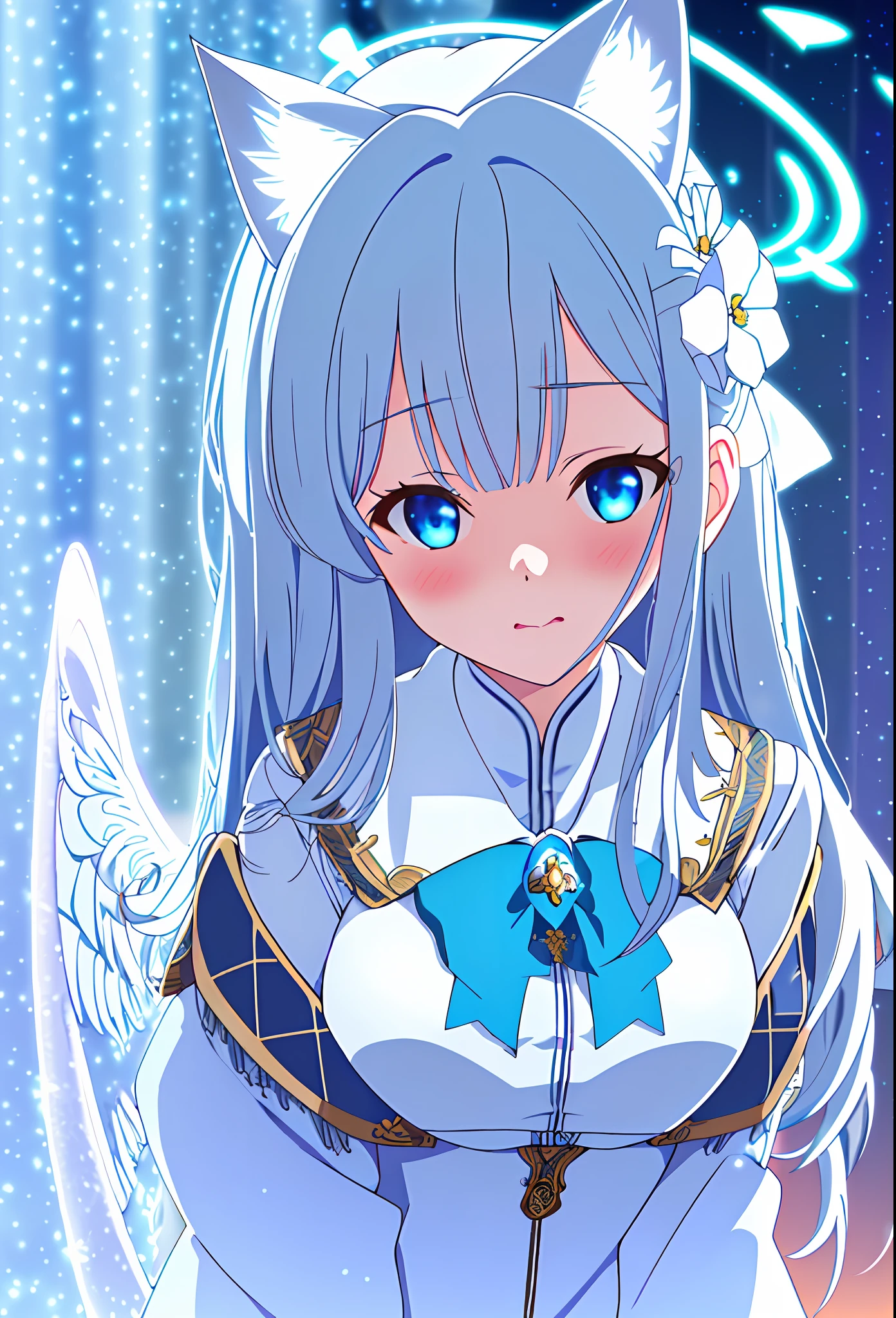 (sunaookami shiroko:1.2), {{{{masterpiece, extremely detailed, intricate details, soft focus, 8K, highres, depth of field, absurdres, high quality facial shadowing, dynamic shadowing, extreme shaders, cinematic lighting, perfect lighting, soft lighting, hazy lighting, blurry foreground, lens flare}}}}, best quality, asian qualities, {front view}, (solo:1.2), (beautiful young girl:1.3), high school girl, {{{extremely detailed girl, perfect anatomy, perfect body}}}, (detailed neon angel halo:1.4), bright blue double halo, (beautiful-detailed hair:1.3), dark silver hair, luscious curly hair, (hair splayed out:1.2), beautiful-detailed facial structure, detailed beautiful face:1.3, sexy face, cute face, slender facial structure, (detailed face:1.33), (beautiful-detailed eyes:0.7), big eyes, (detailed eyes:1.2), glowing bright blue eyes, cat eyes, (detailed cat ears:1.3), neon silver blue cat ears, (detailed wings:1.4), small white angel wings, (detailed boobs:1.3), small size boobs, (detailed facial expression:1.1), shy, slightly open mouth, detailed red blush, shy hand gesture, (detailed hair ornament:1.3), (white flower side hair ornament:1.3), (winter school uniform:1.3), beautiful-detailed pure white off-shoulder fluffy school jacket, beautiful-detailed white blouse, beautiful-detailed white winter micro-skirt dress, winter night, (enhanced background:1.4), snow falling at midnight with clear skies overhead, snow on sidewalks with Christmas lights on tree's surrounded the viewer, (cowboy shot:1.1), hazy photo, (warm photo:1.3)