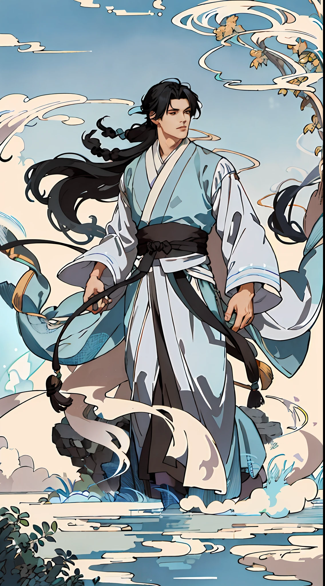 (ridiculous, high resolution, super detailed, realistic,), 1 male, ancient immortal, light blue hanfu robe, adult, young, dashing, handsome, fairy, long hair, black hair, black eyes, full body, valley in the background, ethereal smoke,