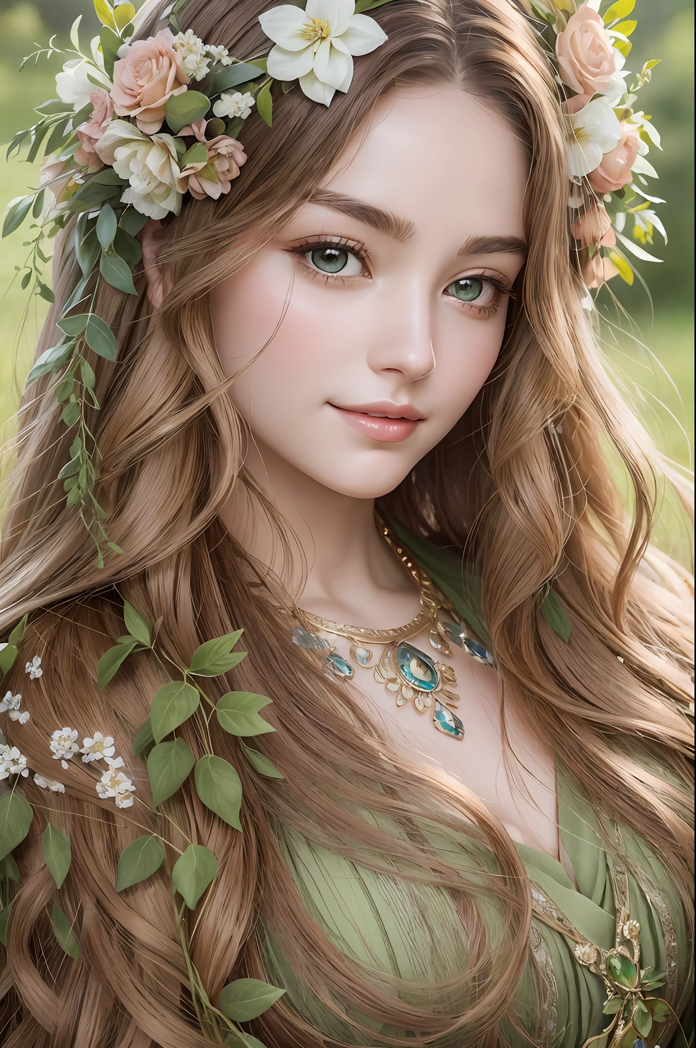 Absurd, ultra-detailed, high quality, masterpiece, detailed face, beautiful eyes, Demeter, the goddess of agriculture and fertility, possesses a beauty that reflects the nurturing essence of the Earth and the abundance of nature. Demeter’s eyes hold a gentle and compassionate gaze. Her eyes, often described as earthy and verdant. Her face carries the serene beauty of a tranquil meadow. It is characterized by soft, well-defined features. Her smile is gentle and inviting, reflecting the joy. Demeter’s hair, often depicted as waves of chestnut strands. It ca is often depicted as waves of chestnut strands. Adorned with flowers .