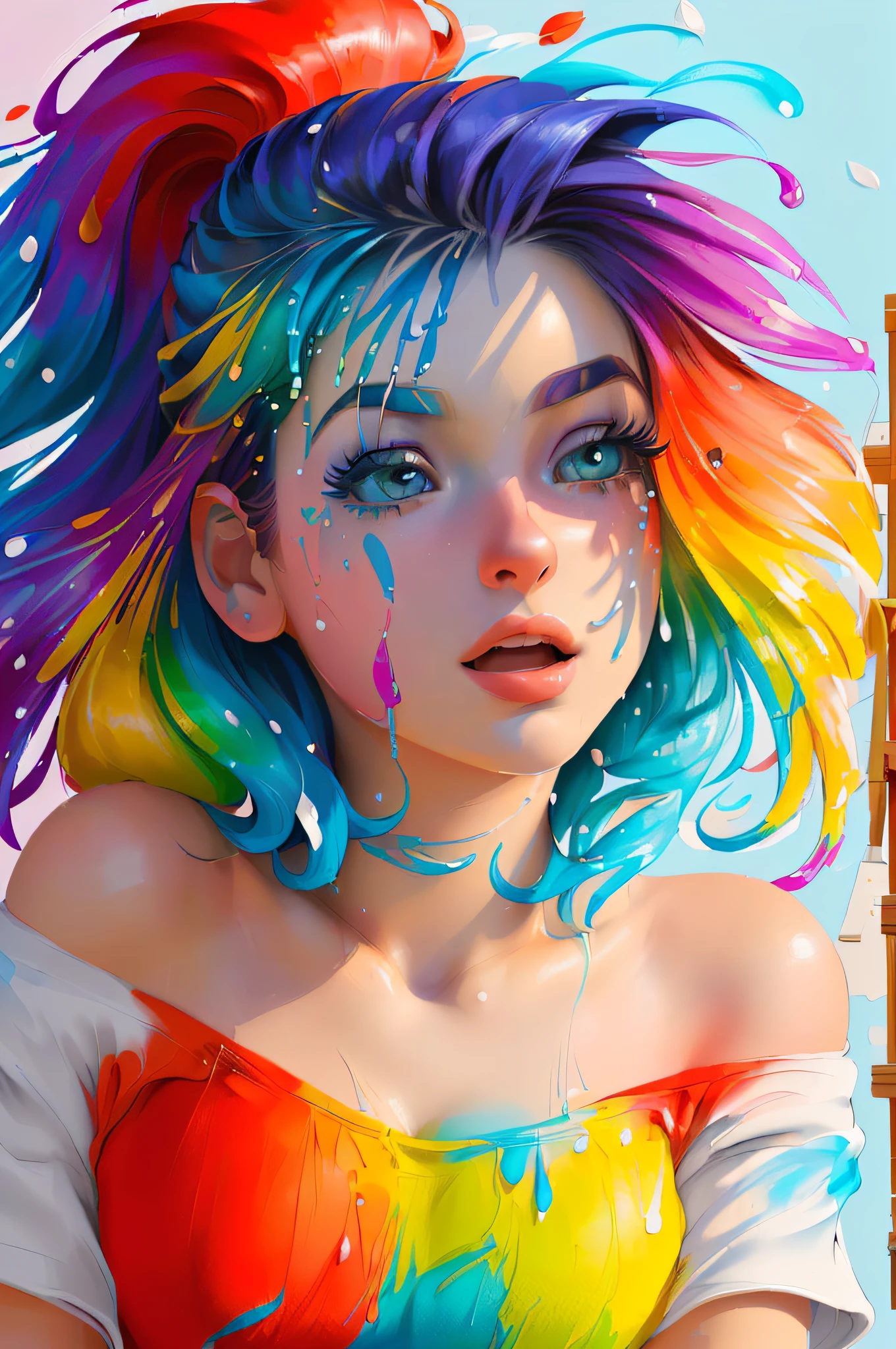 (Pink Fashion T-shirt:1.9),(Colorful hair: 1.8), (all the colours of the rainbow: 1.8),(((((vertical painting:1.6))), (painting:1.6),front, comics, illustrations, paintings, large eyes, crystal clear eyes,( rainbow color gradient high ponytail:1.7), exquisite makeup, closed mouth,(Small Fresh: 1.5),(Wipe Chest: 1.6) ,long eyelashes, white off shoulder T-shirt, White Shoulder Shirt,looking at the audience, large watery eyes, (rainbow colored hair:1.6), color splash, (solo:1.8), color splash, color explosion, thick paint style, messy lines, ((shining)),(colorful), (colorful), (colorful), colorful, Thick Paint Style, (Splash) (Color Splash), Vertical Painting, Upper Body, Paint Splash, Acrylic Pigment, Gradient, Paint, Highest Image Quality, Highest Quality, Masterpiece, Solo, Depth of Field, Face Paint, colorful clothes, (Elegant: 1.2), gorgeous,long hair, wind, (Elegant: 1.3), (Petals: 1.4),(((masterpiece))),(((best quality))),((ultra-detailed)),(illustration),(dynamic angle),((floating)),(paint),((disheveled hair)),(solo),(1girl) , (((detailed anima face))),((beautiful detailed face)),collar,bare shoulders,white hair, ((colorful hair)),((streaked hair)),beautiful detailed eyes,(Gradient color eyes),(((colorful eyes))),(((colorful background))),(((high saturation))),(((surrounded by colorful splashes))),