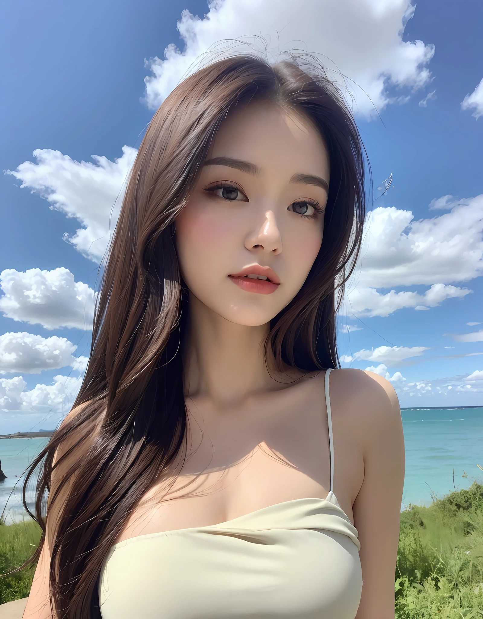 (Daytime, Excellent, 8K, Masterpiece:1.3)), Full body, Long legs, Focal length: 1.2, Perfect Body Beauty: 1.4, Slim Abs: 1.1, ((Dark Brown Hair, Big Breasts: 1.2 )), (White Dress, Standing: 1.2), ((Sea, Blue Sky and White Clouds: 1.3)), Highly detailed face and skin texture, Detailed eyes, Double eyelids, long flying hair