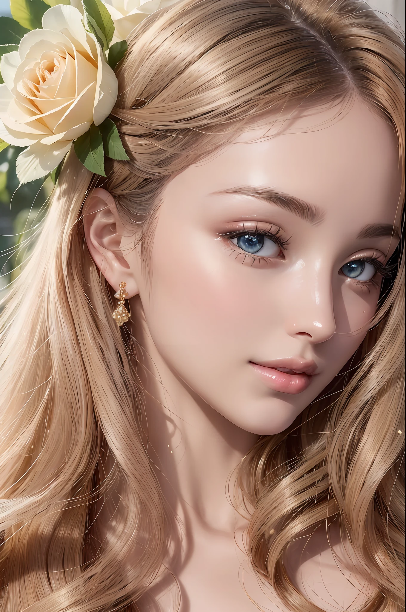 Absurd, ultra-detailed, high quality, masterpiece,  detailed face, beautiful eyes, Aphrodite, the goddess of love and beauty, possesses a beauty that is breathtaking and unrivaled. Her hair flows like strands of spun silk, cascading in waves of lustrous gold. eyes are deep and mesmerizing, sparkling with a divine light. Her lips, delicately curved, hold a hint of a knowing smile, teasing and alluring in their gentle grace. Aphrodite’s skin is flawless, smooth as petals of the finest rose. It radiates a warm and inviting glow, like the first blush of dawn on a clear summer morning. She wears pink feminine dress.