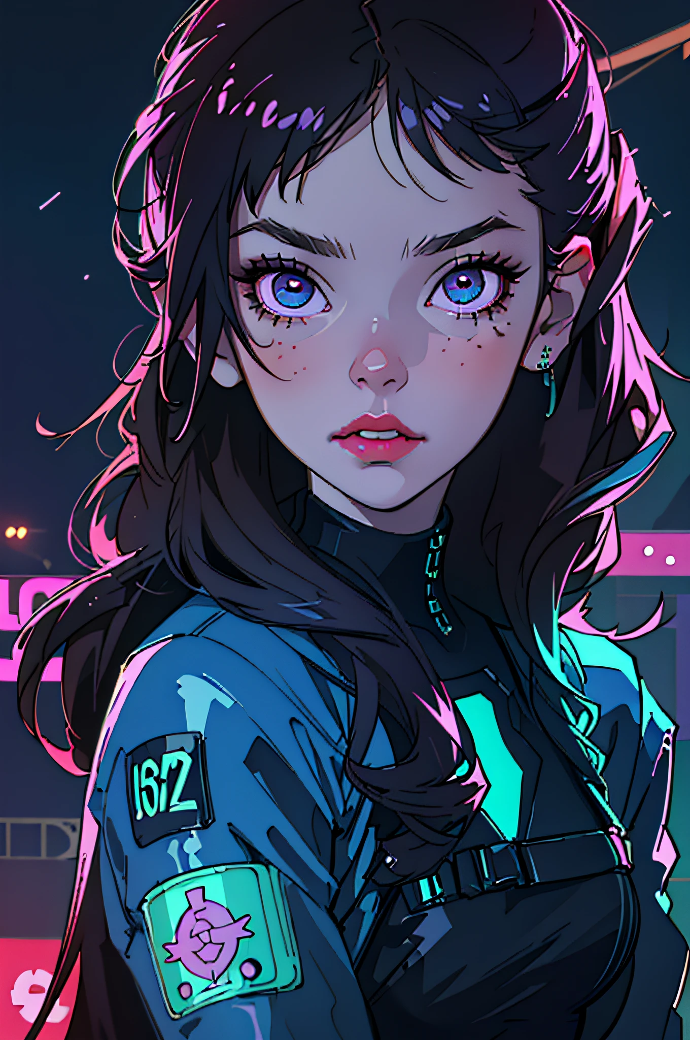 (best quality, masterpiece1.2), (detailed eye:1.2), complex detail, depth of field, 1girl, city, cyberpunk, neon, neon lights, night, moon,