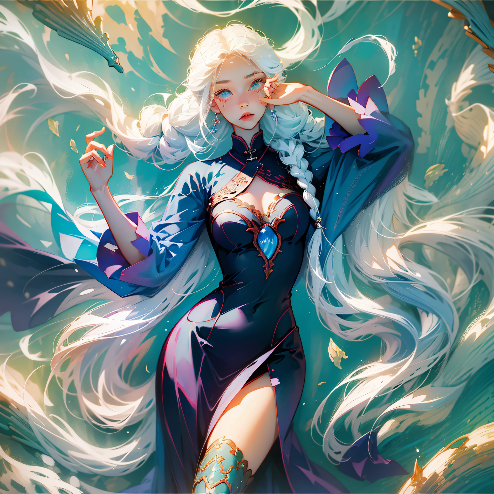 mermaid, (masterpiece, best quality), intricate details, 8k, artstation, wallpaper, official art, splash art, sharp focus,
1 girl, Ayane Nakiri, long hair, braids, white hair,
Liquid clothes, water, blue dress, --auto --s2