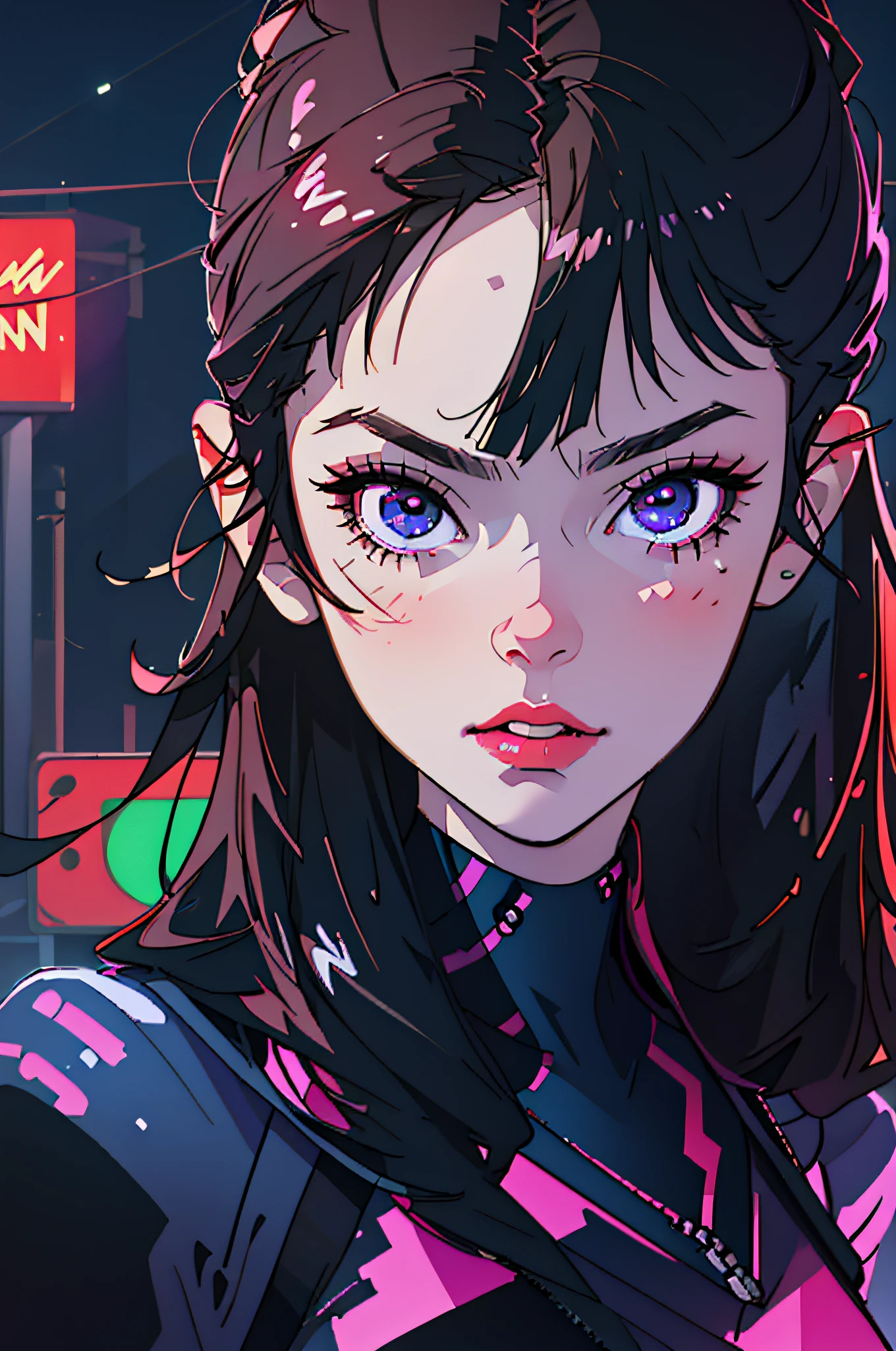 (best quality, masterpiece1.2), (detailed eye:1.2), complex detail, depth of field, 1girl, city, cyberpunk, neon, neon lights, night, moon,