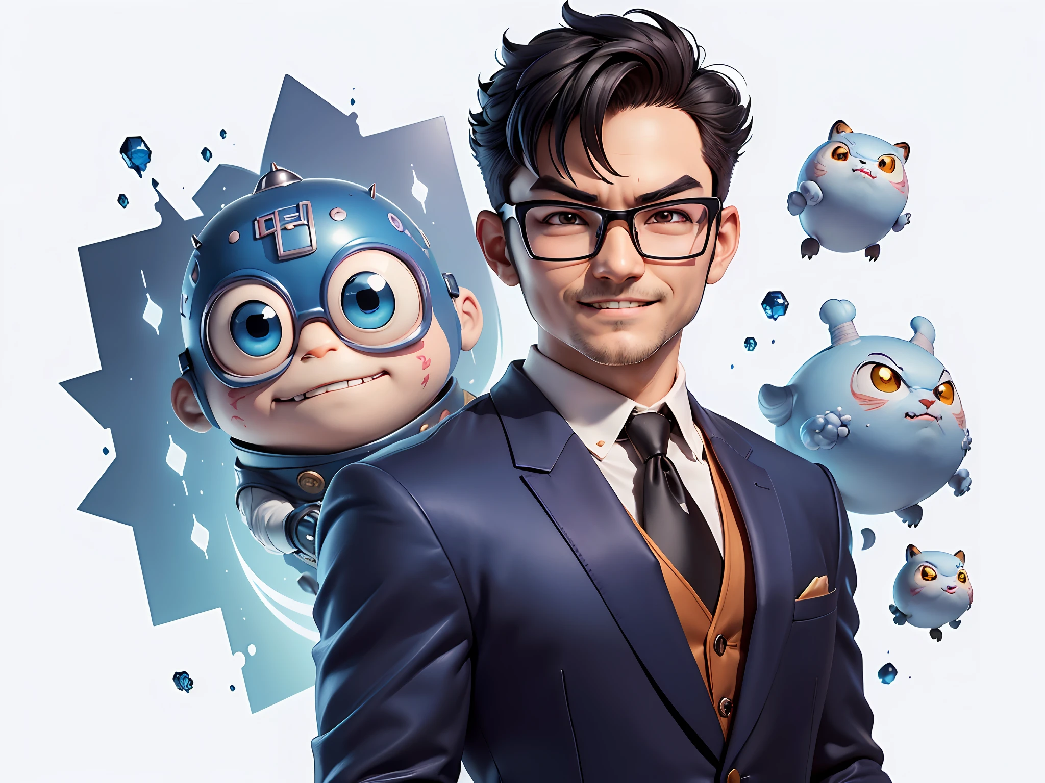(((Masterpiece), (Excellent), (Super Meticulous), (Full Body: 1.2), Super Young Man, Oriental Face, Japanese Wind and Thunder God, Dragon, Tiger, TV Anchor, Bust Portrait Illustration, Alone, Black Formal Suit, Blue Tie, Slightly Chubby Face, Silver Glasses Face Very Clean No Beard, Black Super Short Hair, Black Eyes, Confident Smile, 3c Computer Sub-Products, iPad, iPhone, Digital Painting, 3D Character Design by Akira Toriyama and Mark Claireden and Pixar and Hayao Miyazaki, The illustration is a high-definition illustration in 4K resolution with very detailed facial features and cartoon-style visuals.