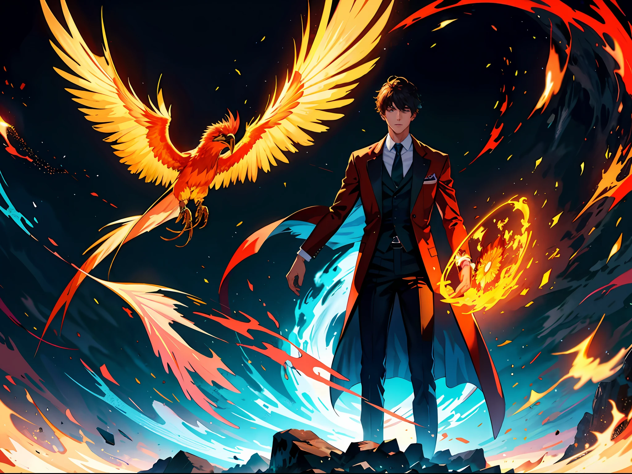 HD clear, best images, illustration quality, super detailed, a handsome ager standing, behind him there is a translucent full-body burning flame, giant flame bird phantom