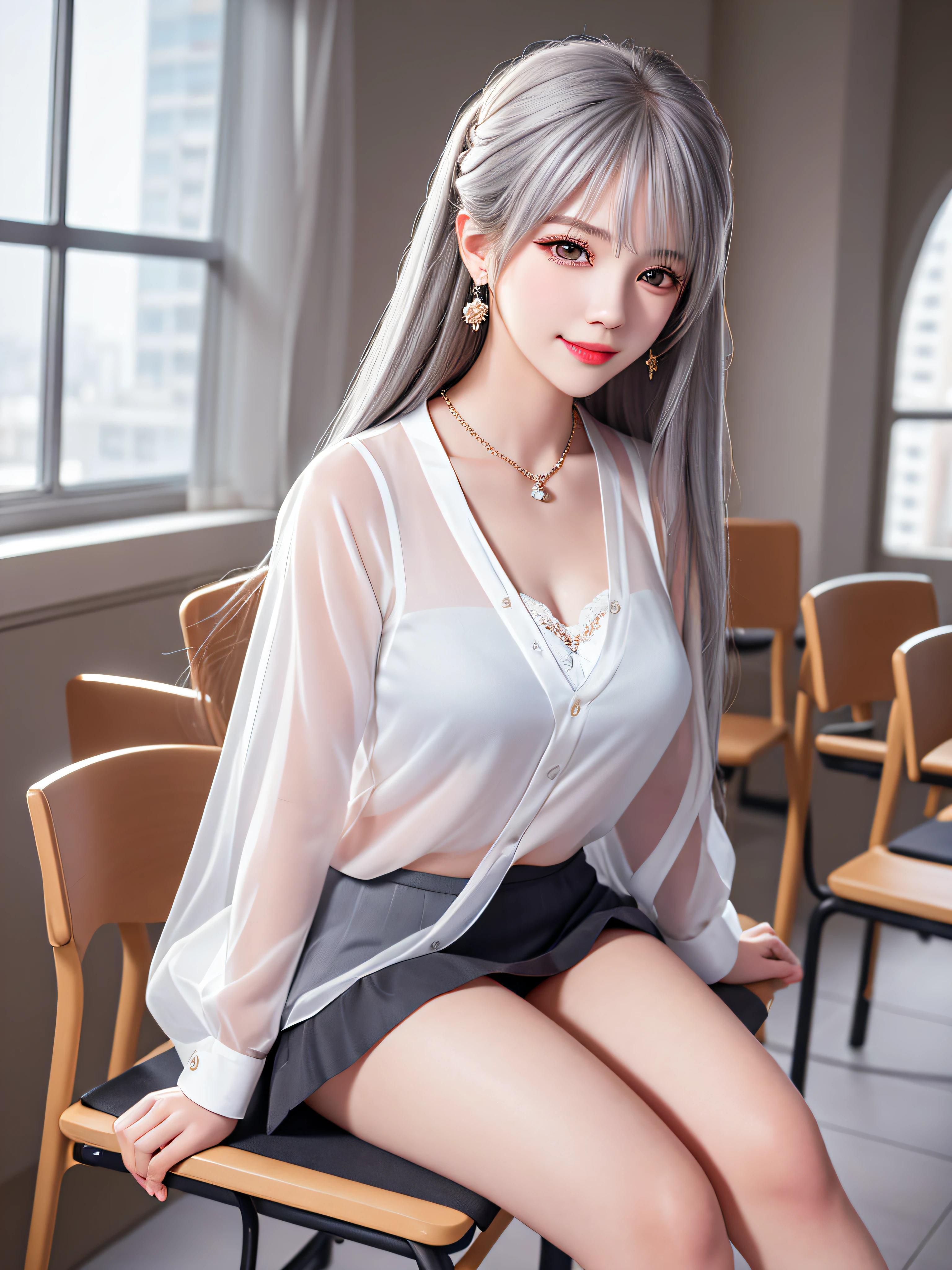 ((sitting on a classroom chair with legs open, female teacher v6)), necklace, earrings, full body v6, (((long gray hair)), (transparent, white blouse, no skirt, black small panties))), cleavage emphasis, sleeveless, short, ((white underwear visible)), superb, ultra high definition, RAW photography, realism 1.25), (bright lip gloss, long eyelashes, smooth) face, bright skin, Natural shadows, wide light, wide light, depth of field, strong colors, subtle caustics: 0.8), smile, (big), v6 with contempt and arrogance and elegance, there are windows showing different buildings in the city,),