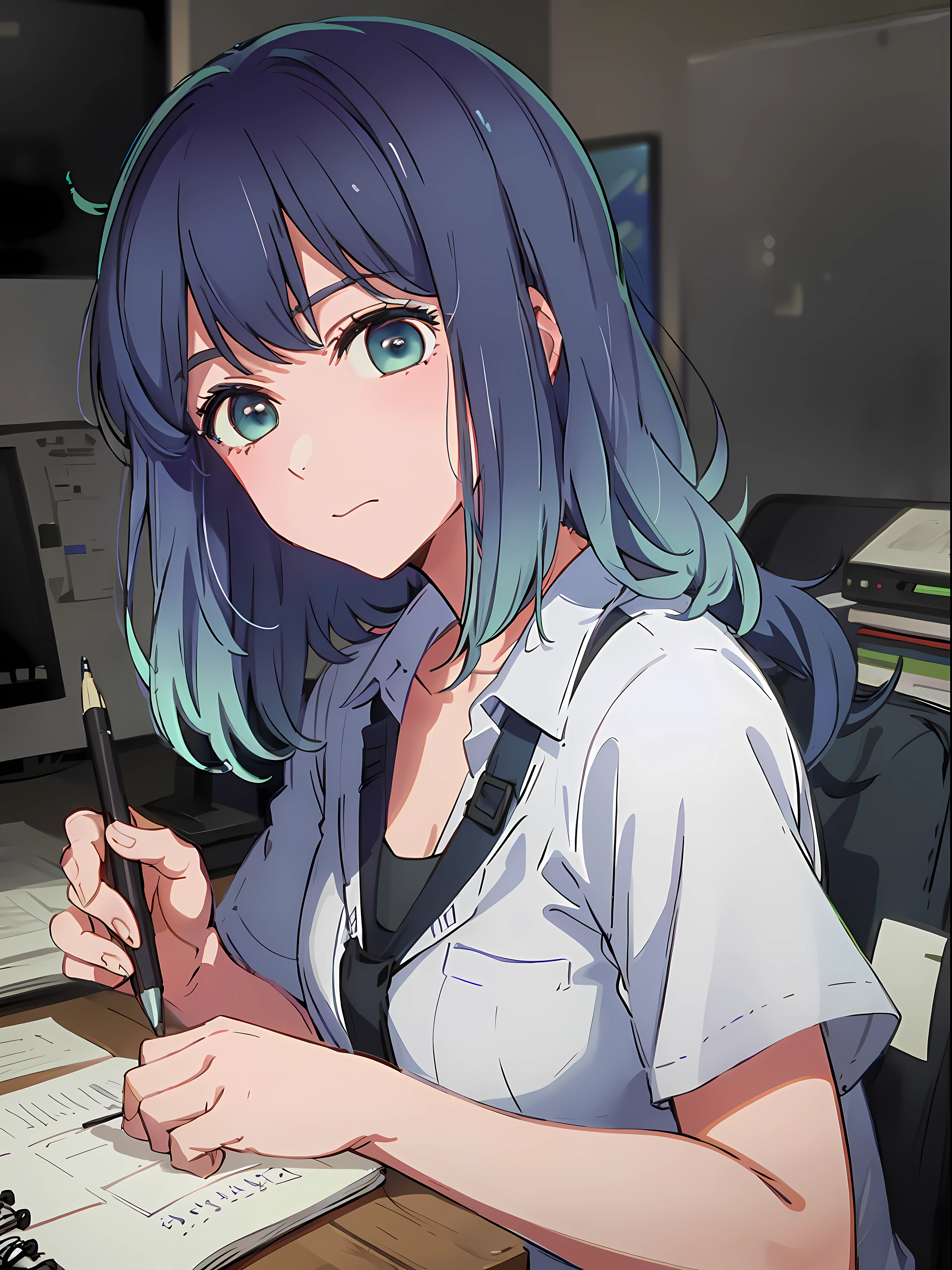 Akane, blue hair, blue eyes, hand drawing, colored pencils, construction paper,