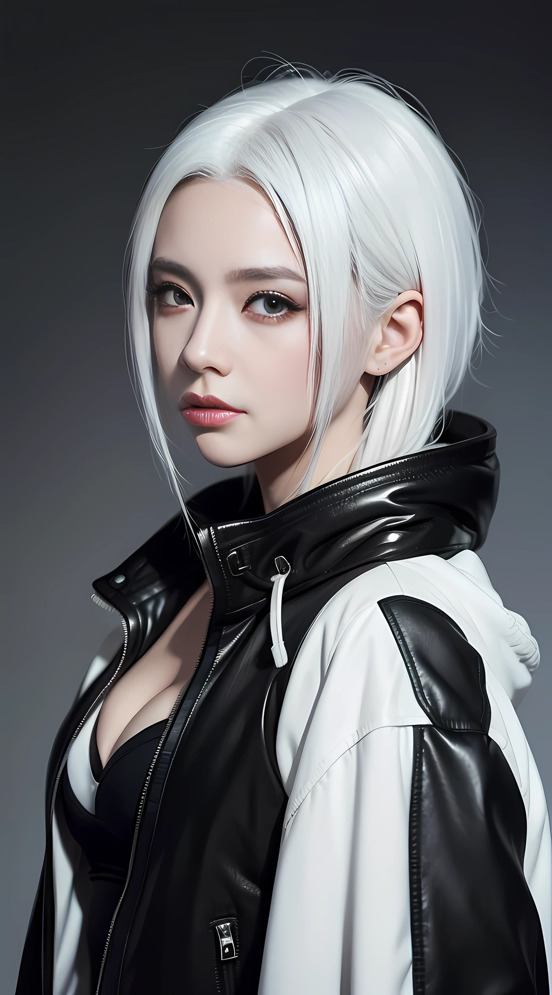 arafed woman with white hair and black jacket posing for a picture, a character portrait inspired by Ross Tran, Artstation, digital art, girl with white hair, photorealistic anime girl render, artwork in the style of guweiz, perfect white haired girl, 3 d anime realistic, realistic anime 3 d style, smooth anime cg art, ross tran 8 k