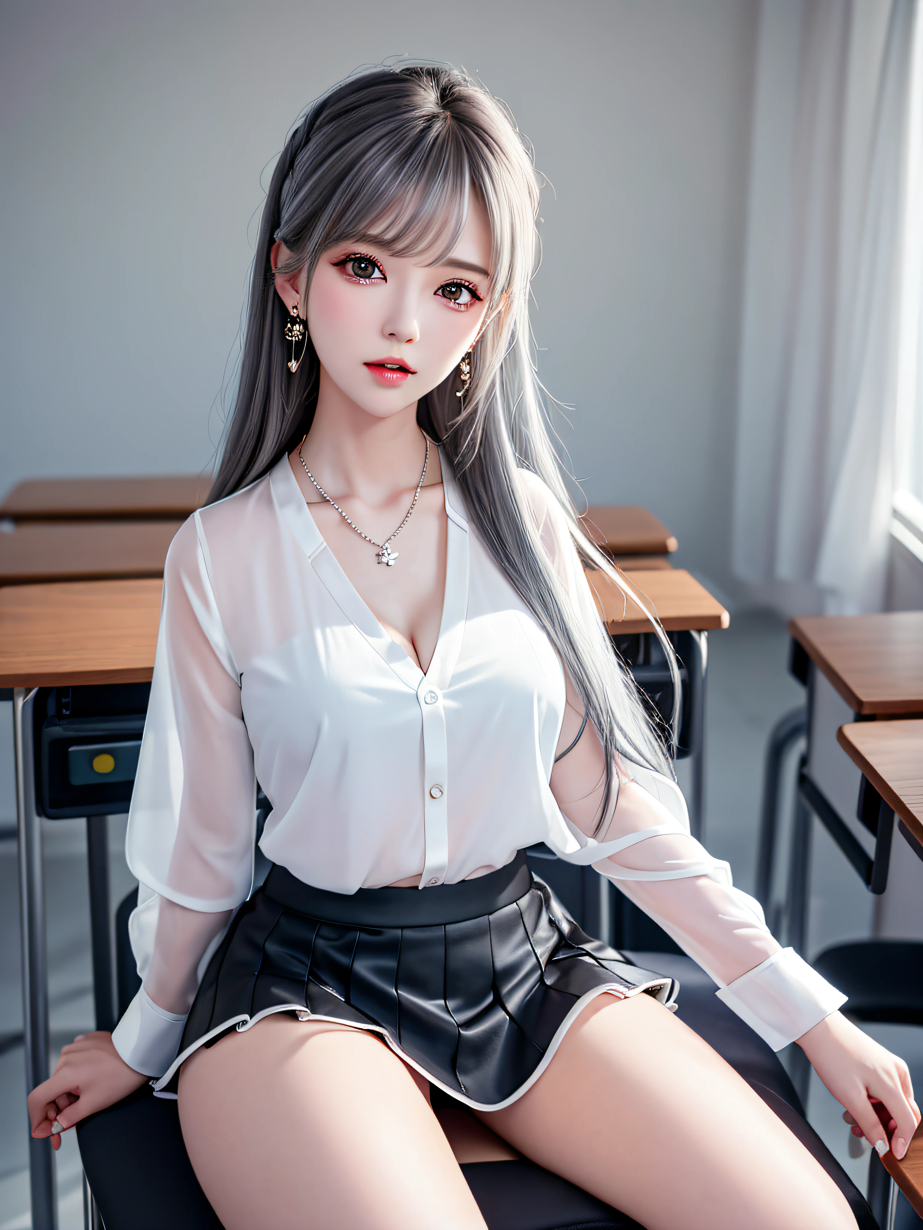 ((Sitting on a classroom chair with legs open, female teacher v6)), necklace, earrings, full body v6, ((long gray hair)), (transparent, white blouse, no skirt, black small panties)) ((sitting on a classroom chair with legs open, female teacher v6)), necklace, earrings, full body v6, (long gray hair)), (((sheer, white blouse, black mini skirt)), cleavage emphasissleeveless